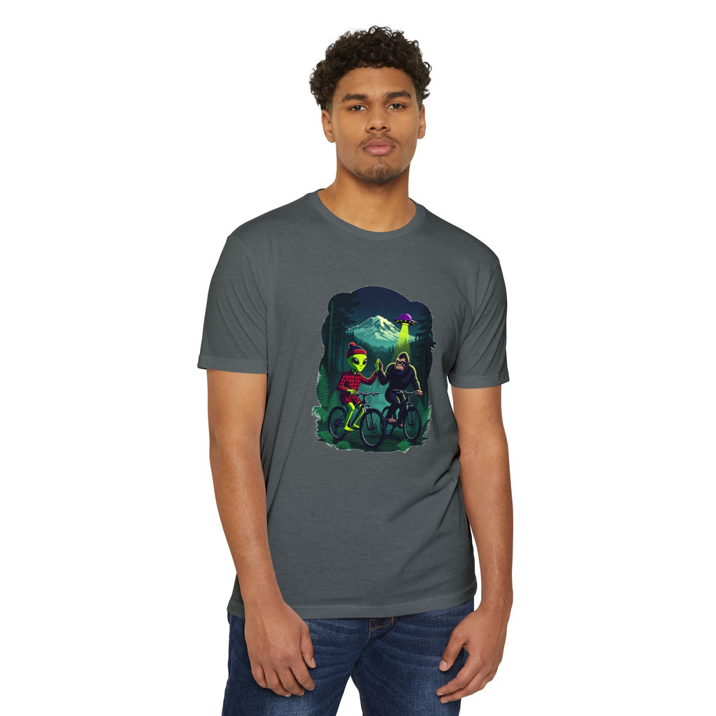 Alien & Sasquatch Night Ride T-Shirt — Retro UFO Biking Graphic Tee