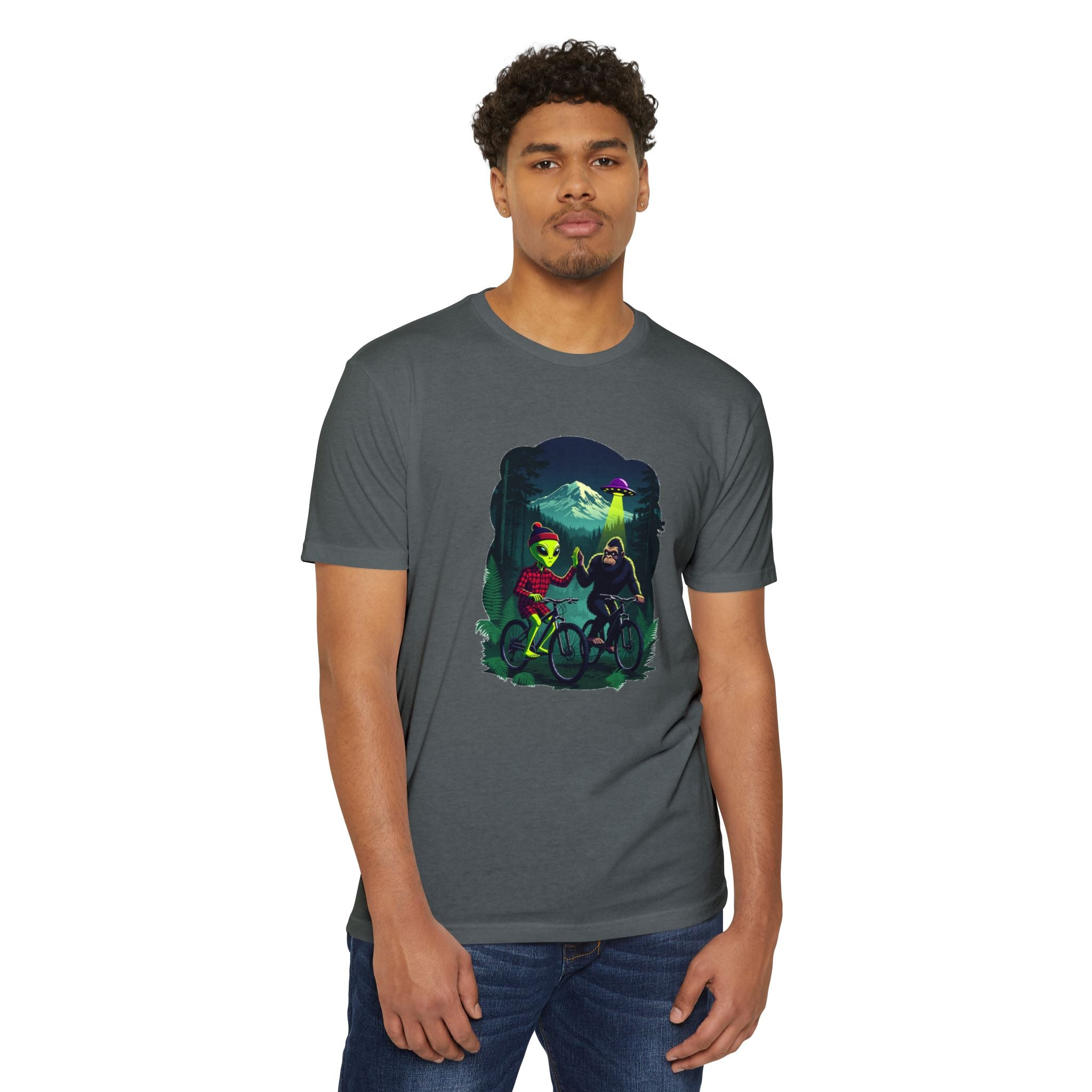 Alien & Sasquatch Night Ride T-Shirt — Retro UFO Biking Graphic Tee