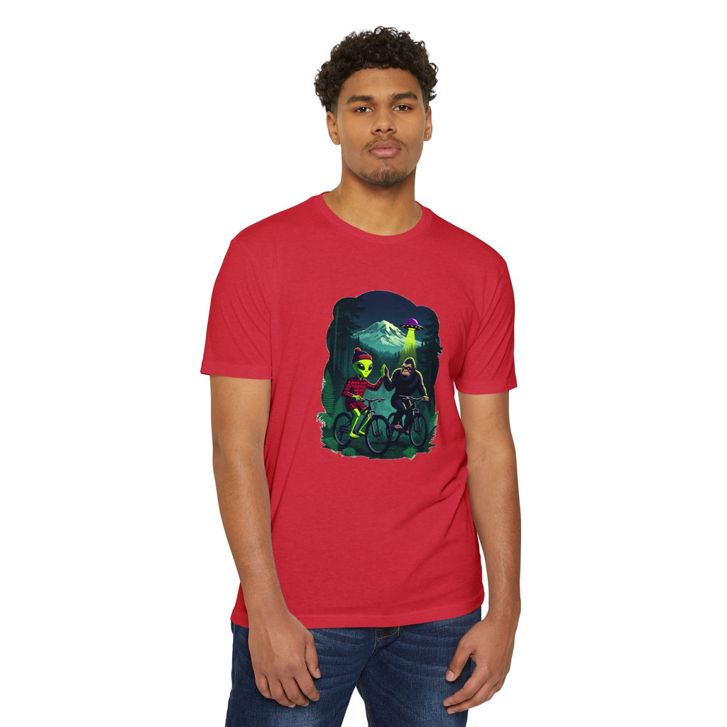 Alien & Sasquatch Night Ride T-Shirt — Retro UFO Biking Graphic Tee
