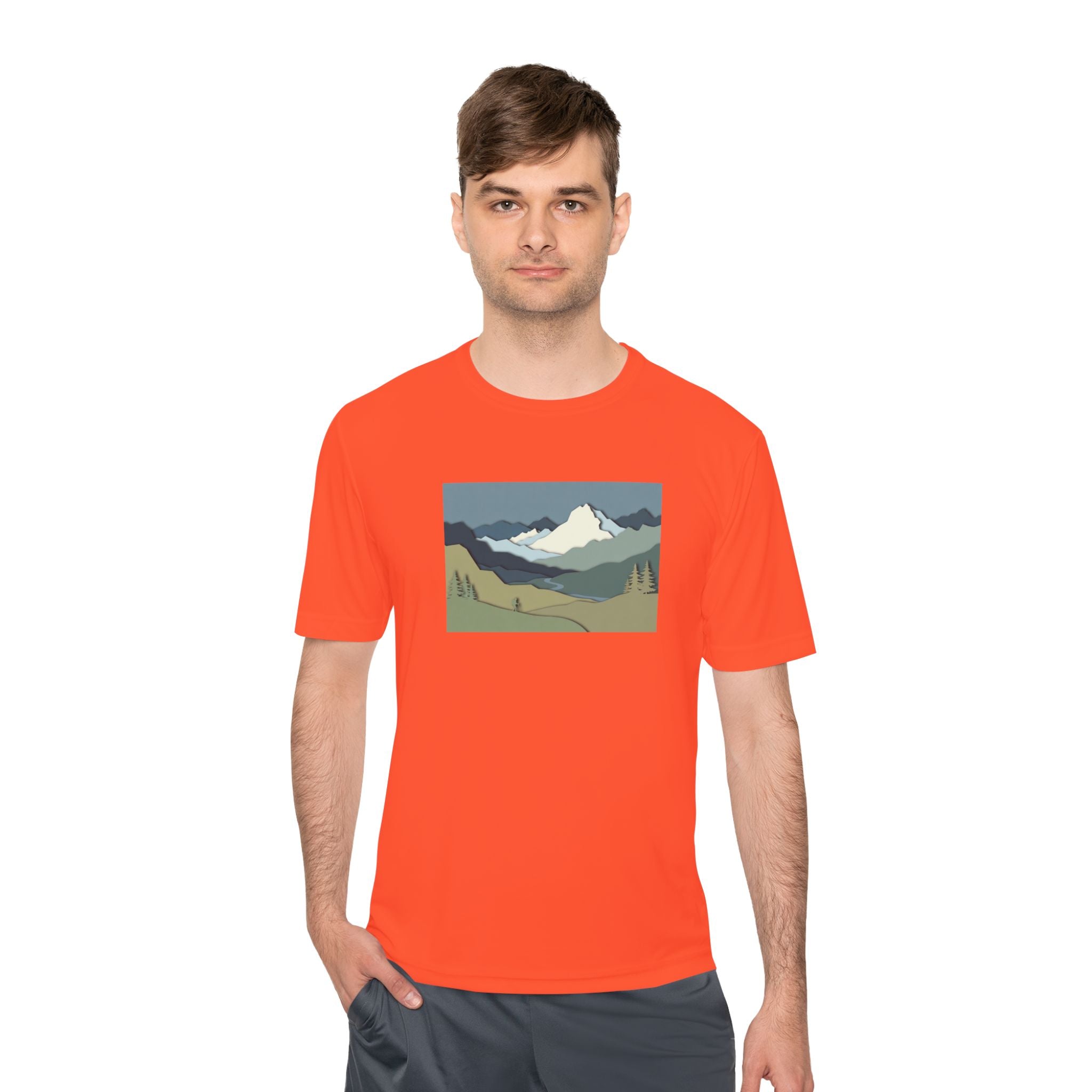 Mountain Landscape Performance Tee — Scenic Outdoor Graphic Shirt