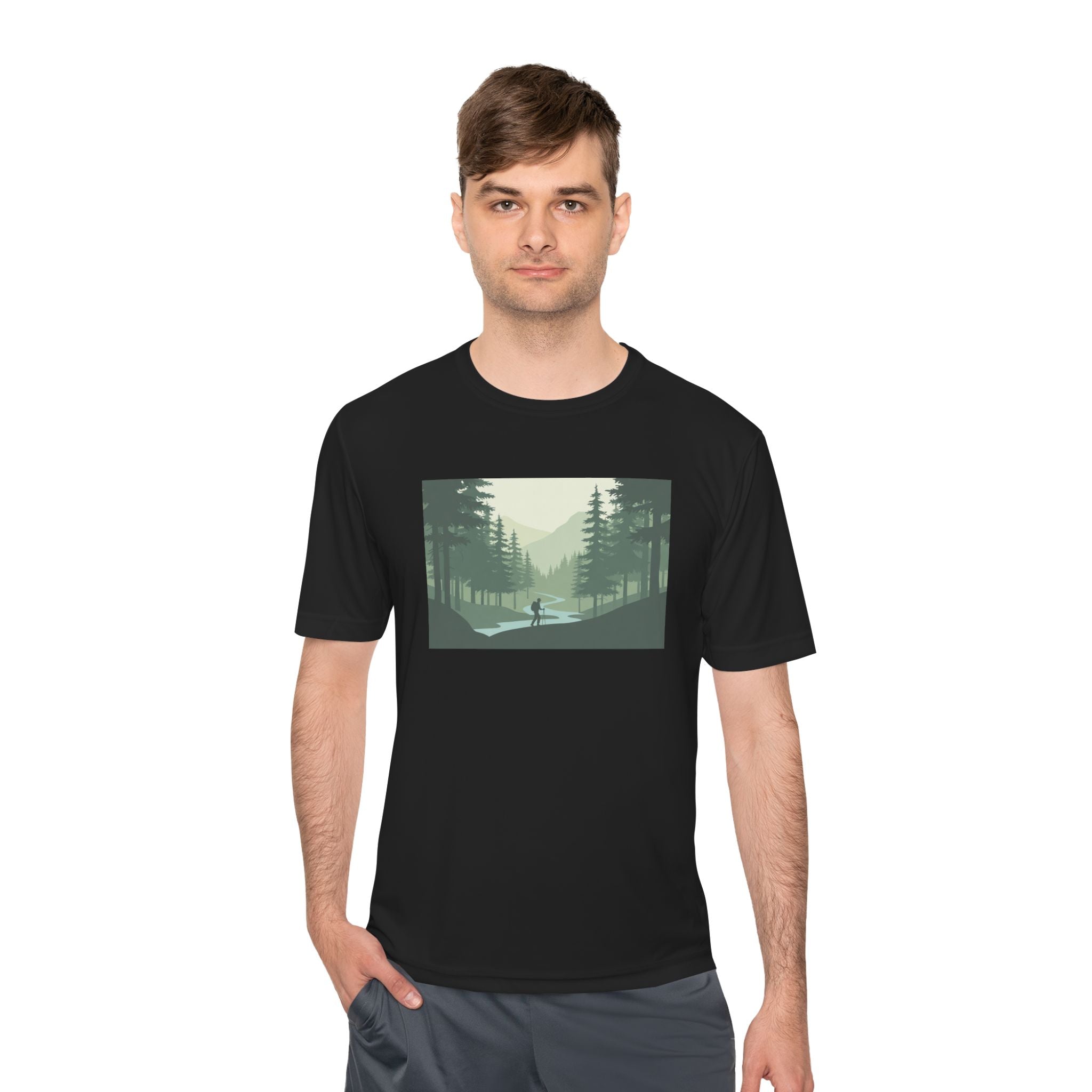 Forest Lake Camping Tee — Minimal Mountain Landscape T-Shirt for Outdoor Lovers