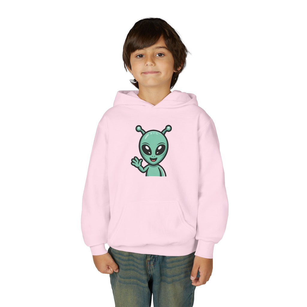 Youth Alien Hoodie – Cute Waving Green Alien Kids Sweatshirt