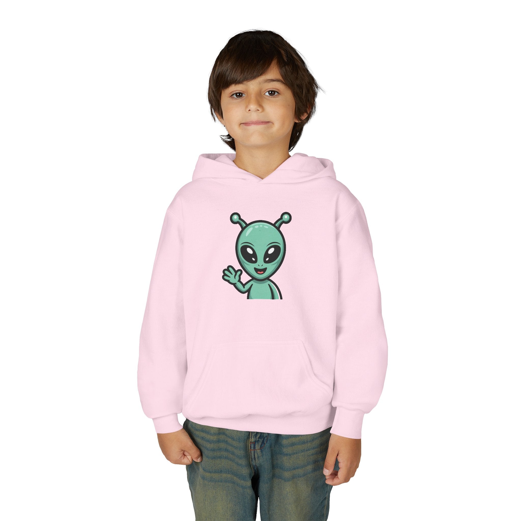 Youth Alien Hoodie – Cute Waving Green Alien Kids Sweatshirt