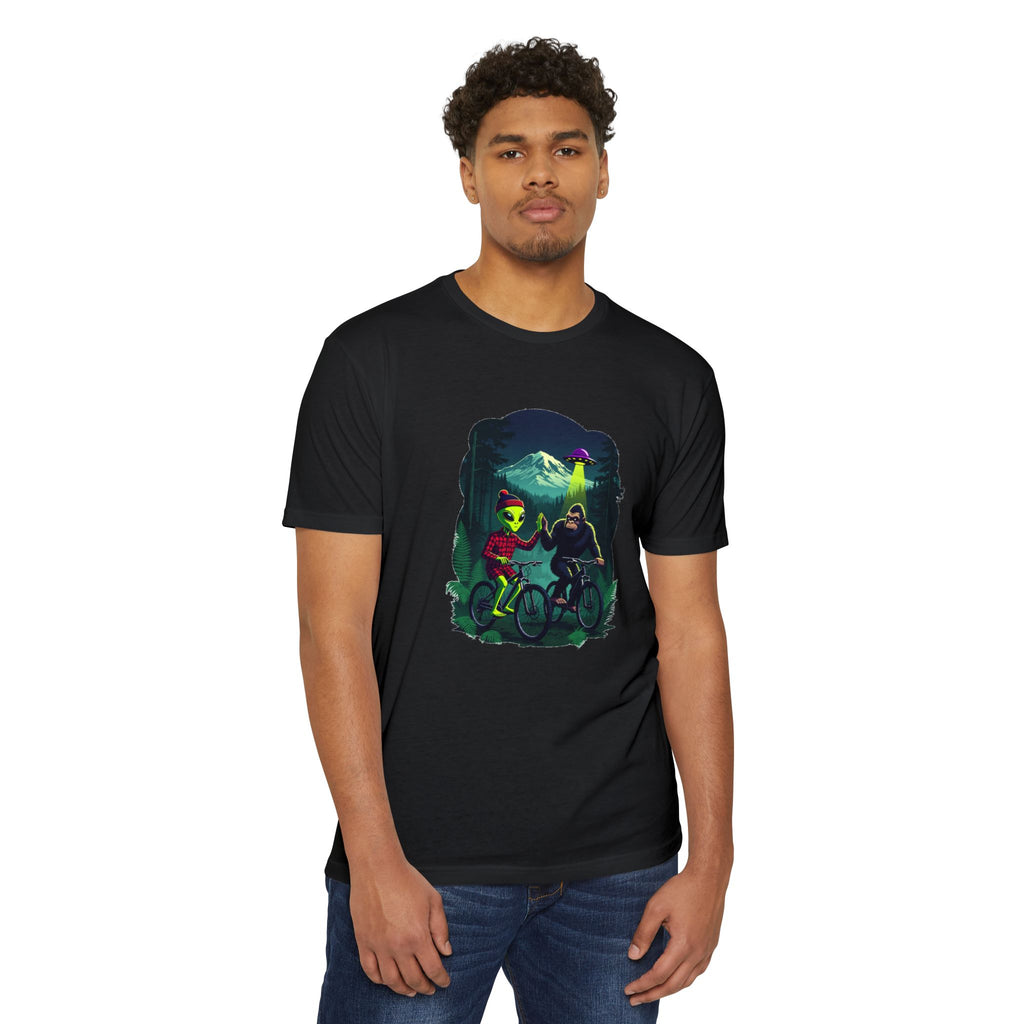 Alien & Sasquatch Night Ride T-Shirt — Retro UFO Biking Graphic Tee