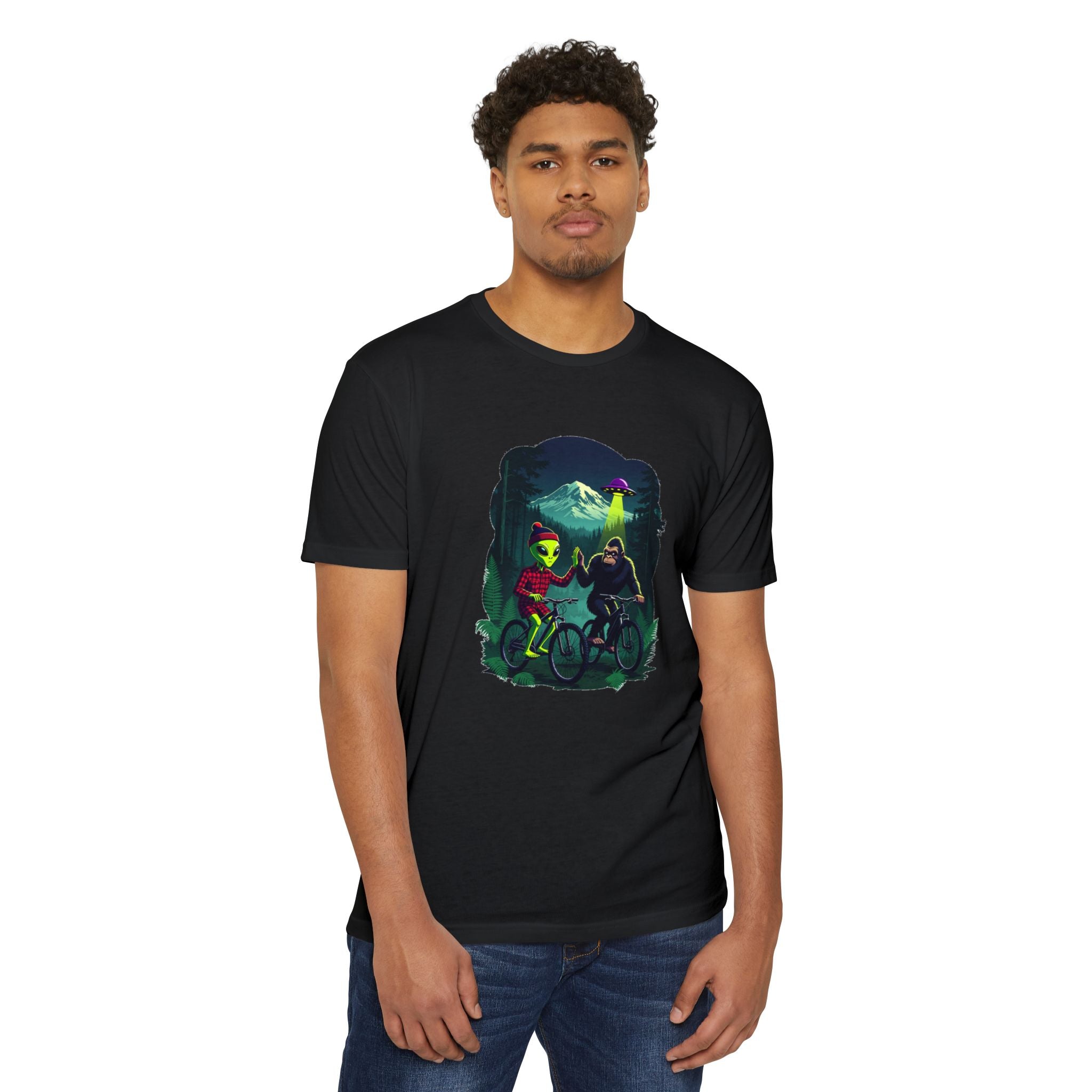 Alien & Sasquatch Night Ride T-Shirt — Retro UFO Biking Graphic Tee