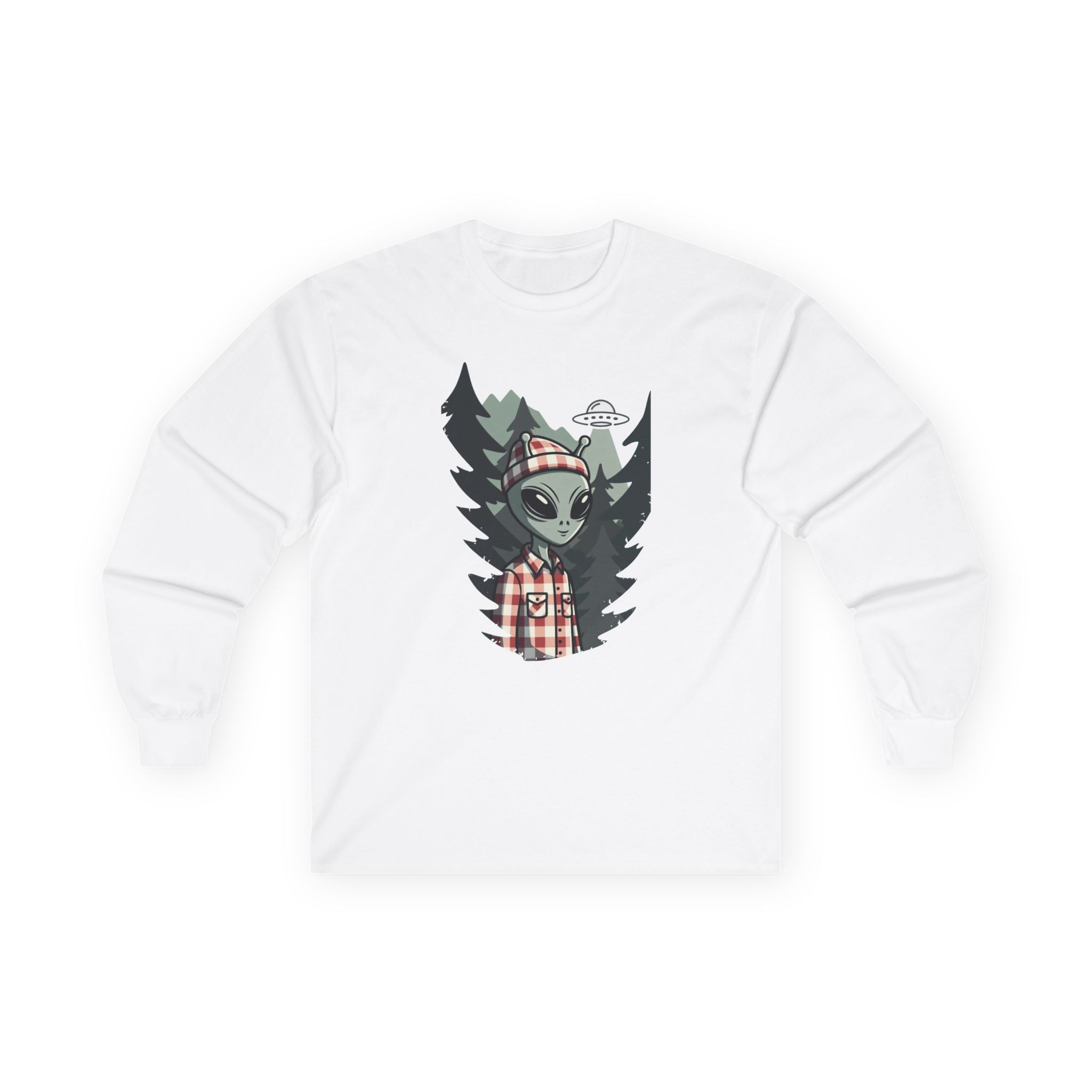 Alien Lumberjack Long Sleeve Tee — Forest UFO Graphic