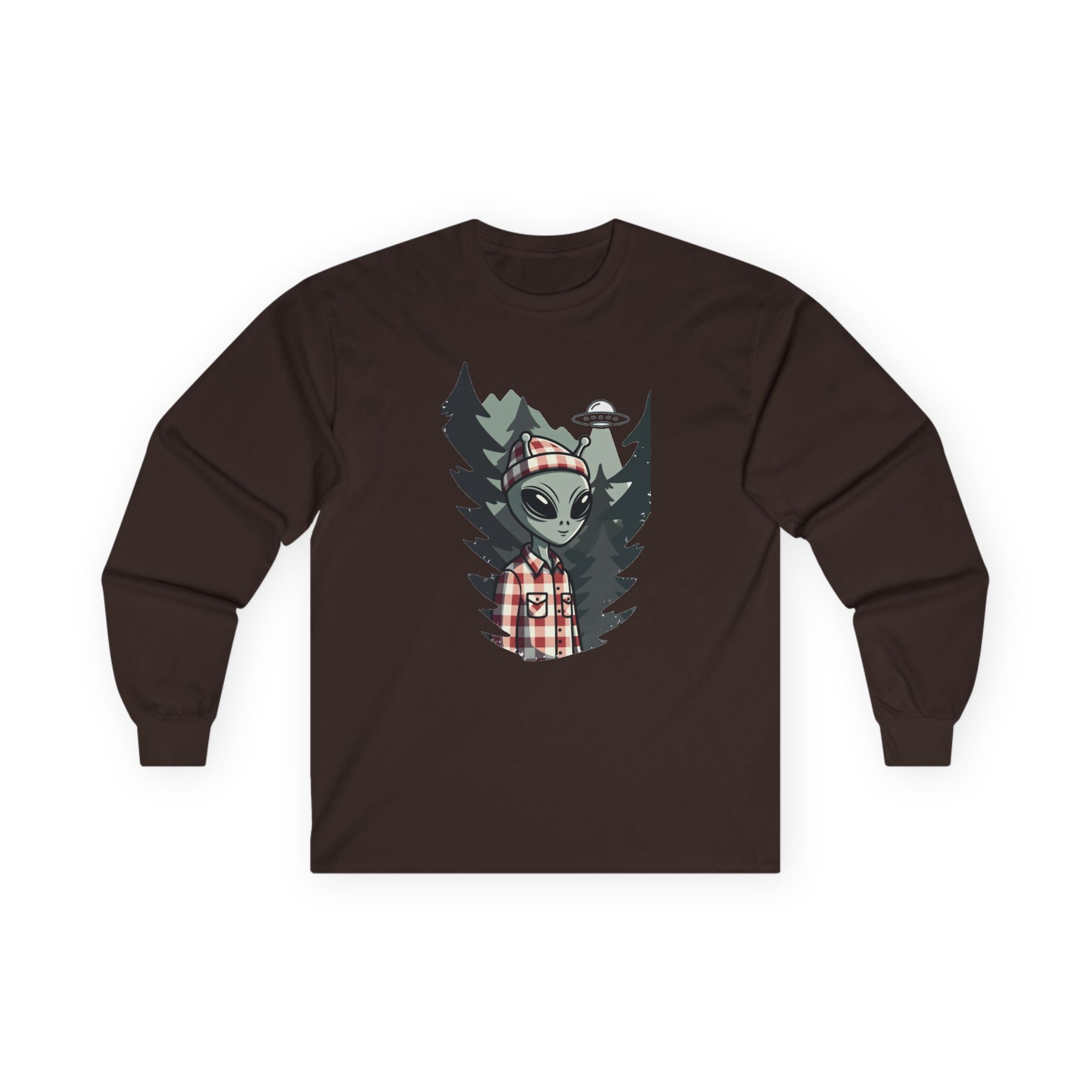 Alien Lumberjack Long Sleeve Tee — Forest UFO Graphic