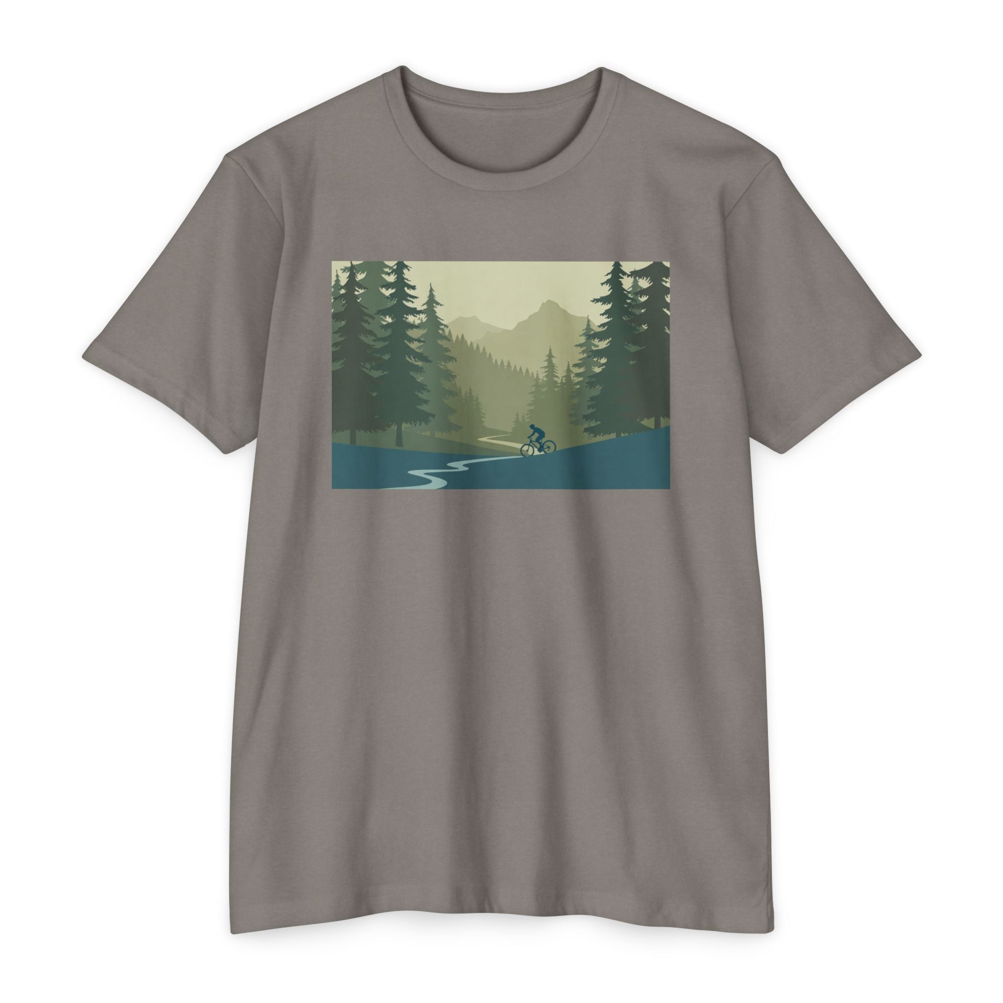 Mountain Biking Graphic T-Shirt — Scenic Forest Trail Design