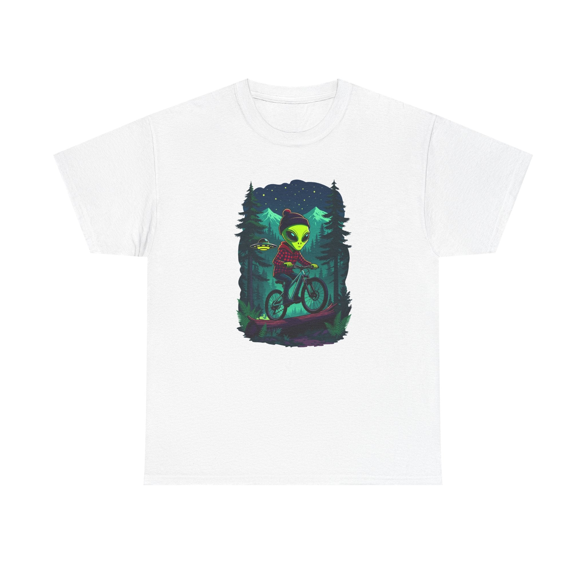 Alien Mountain Biking T-Shirt — Neon Forest Cyclist Graphic Tee