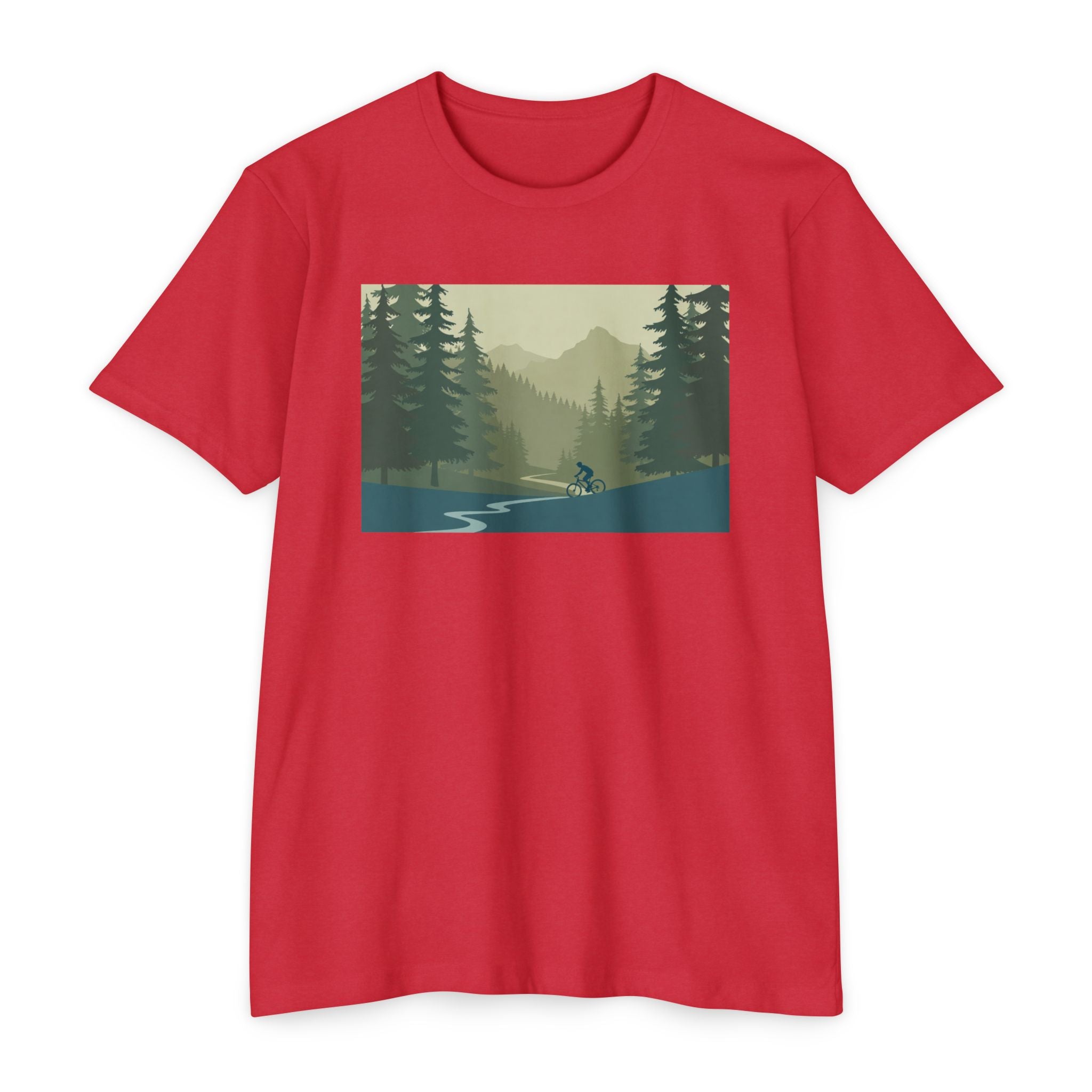 Mountain Biking Graphic T-Shirt — Scenic Forest Trail Design