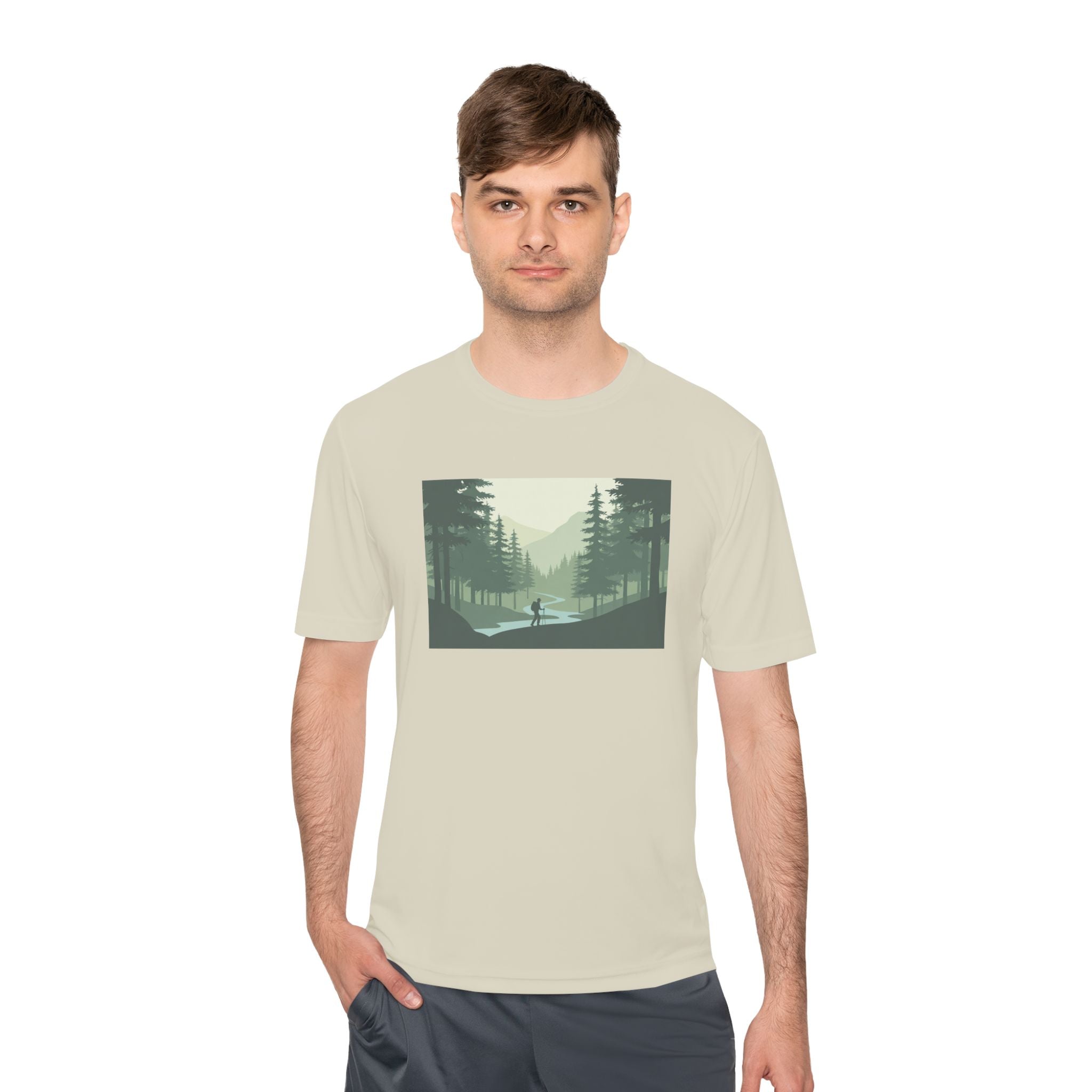 Forest Lake Camping Tee — Minimal Mountain Landscape T-Shirt for Outdoor Lovers