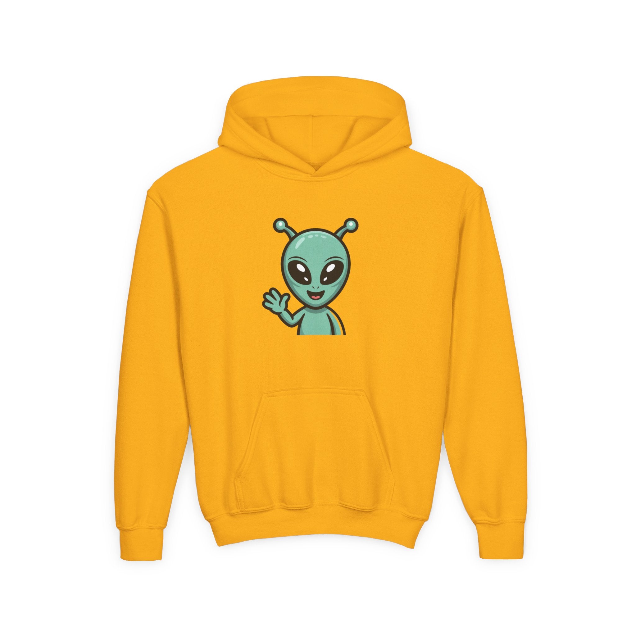 Youth Alien Hoodie – Cute Waving Green Alien Kids Sweatshirt