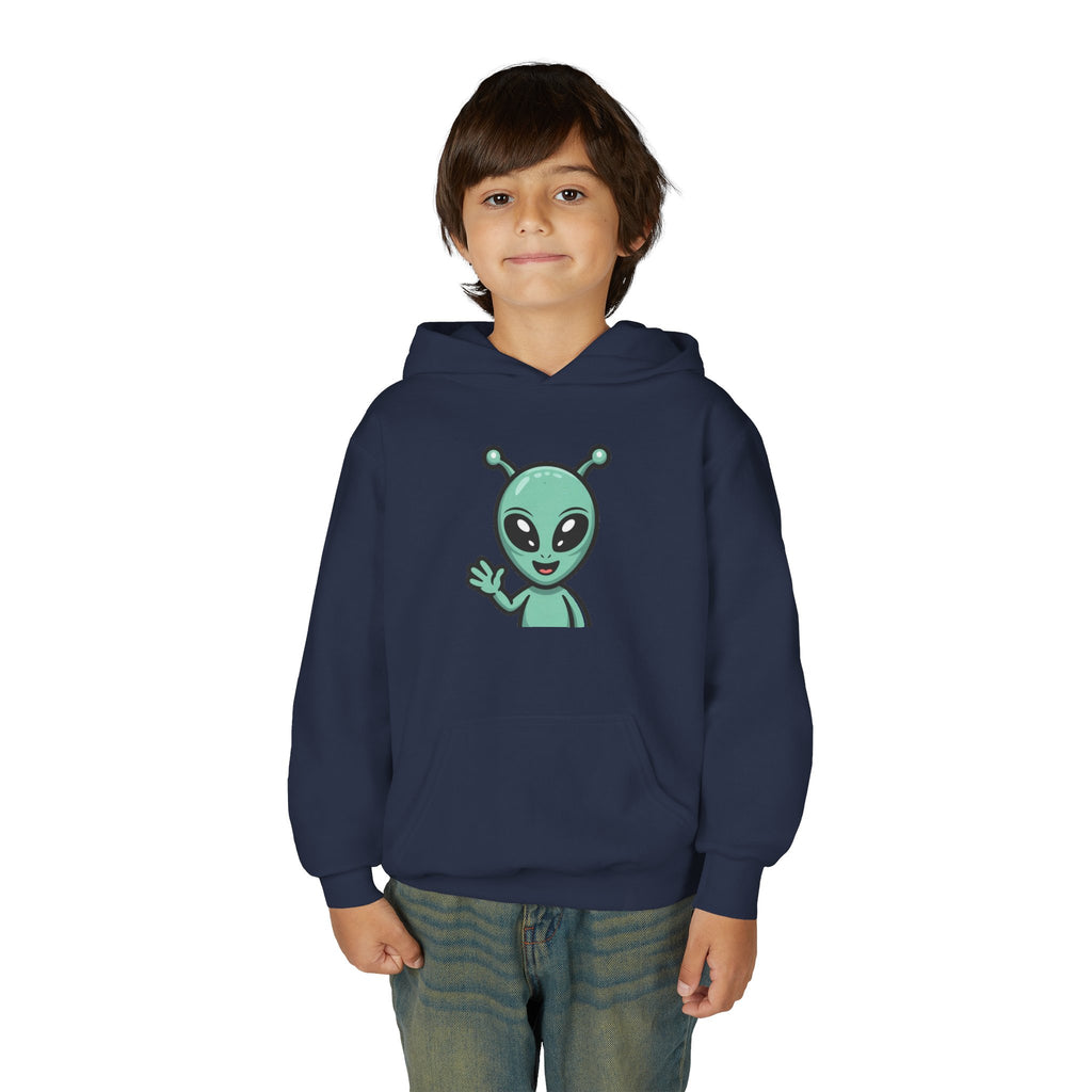 Youth Alien Hoodie – Cute Waving Green Alien Kids Sweatshirt