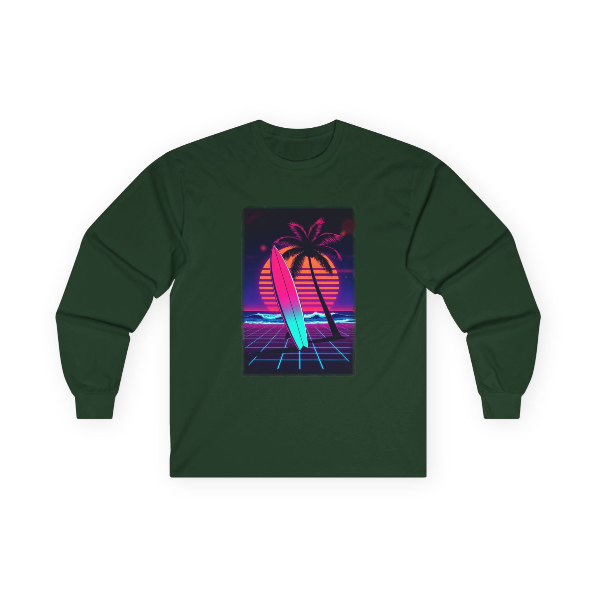 Retro Surf Long Sleeve Tee – Neon Palm Sunset Surfboard Graphic