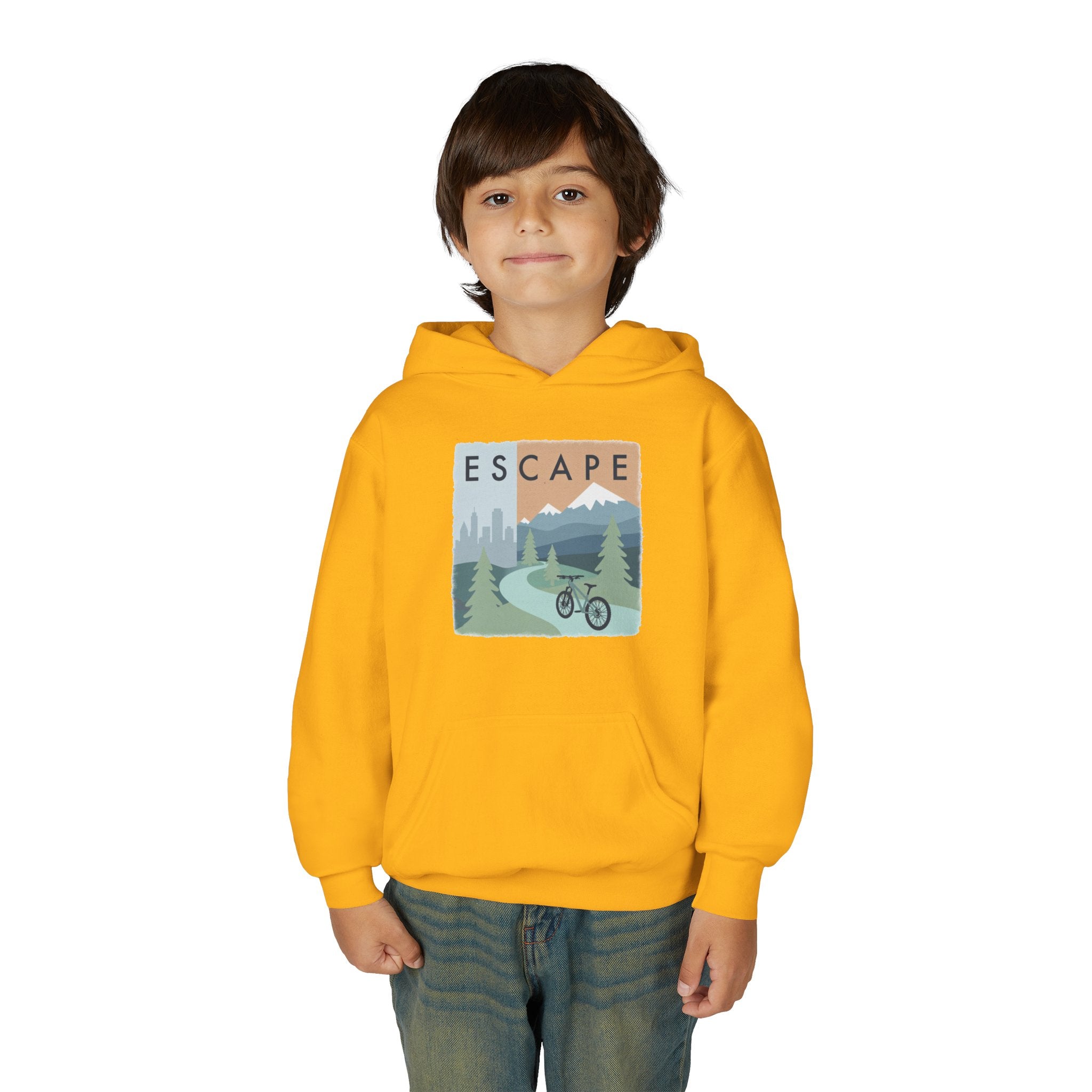 Escape to the Mountains Kids Hoodie — Mountain Retreat Graphic Sweatshirt