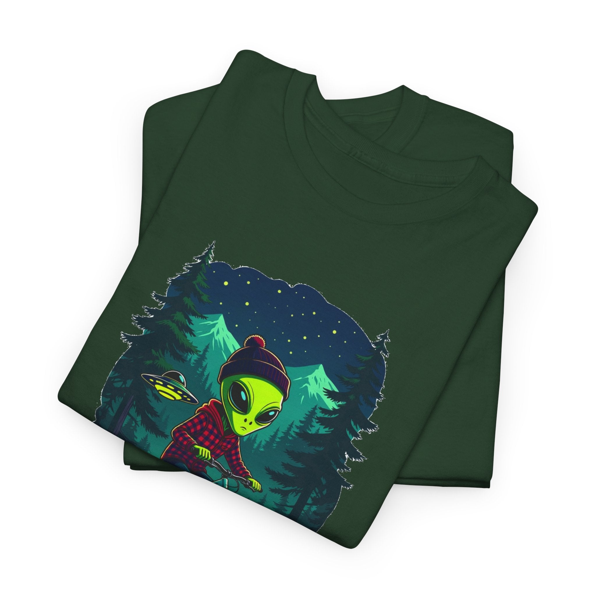 Alien Mountain Biking T-Shirt — Neon Forest Cyclist Graphic Tee