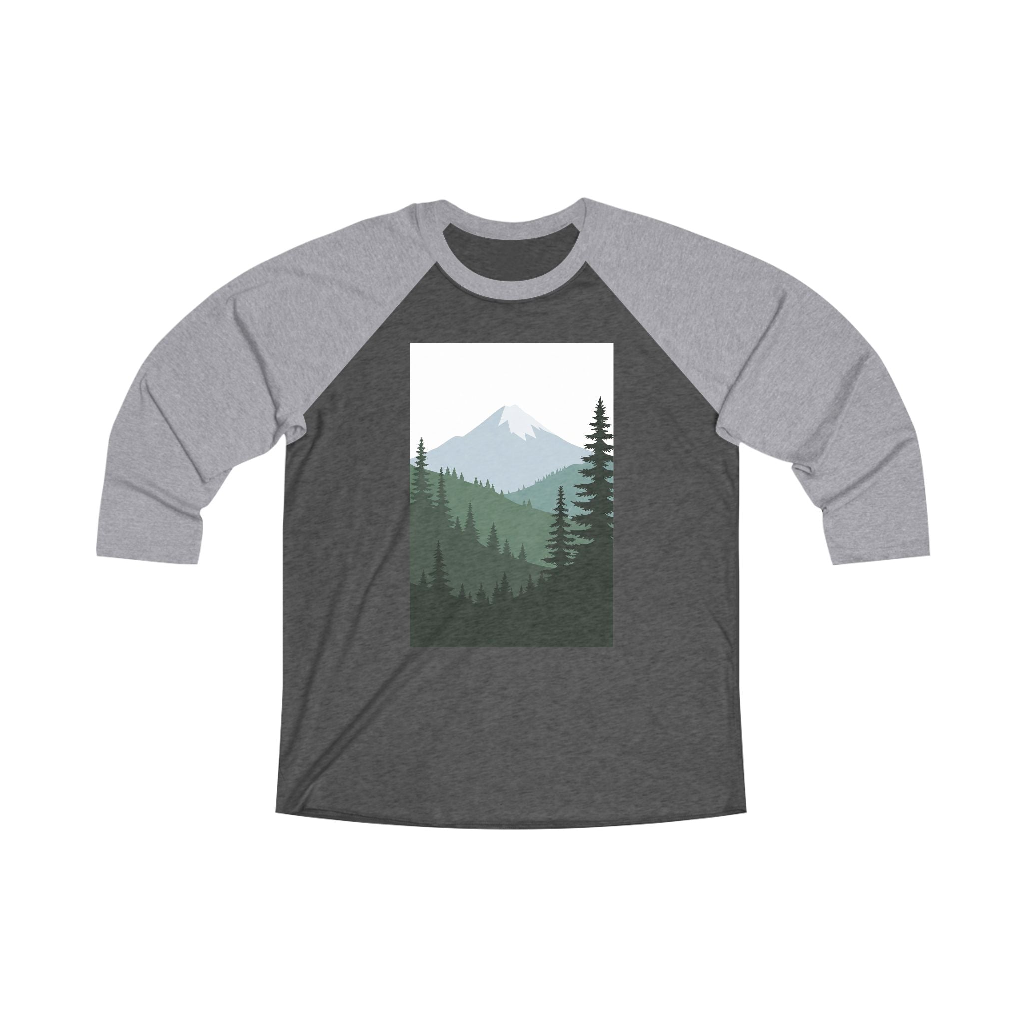 Mountain Forest Raglan Tee — Scenic Pine Trees & Snowcapped Peak 3/4 Sleeve