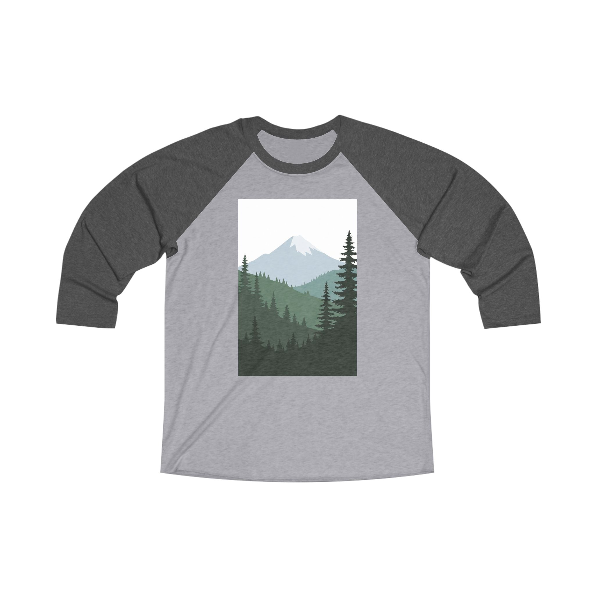 Mountain Forest Raglan Tee — Scenic Pine Trees & Snowcapped Peak 3/4 Sleeve