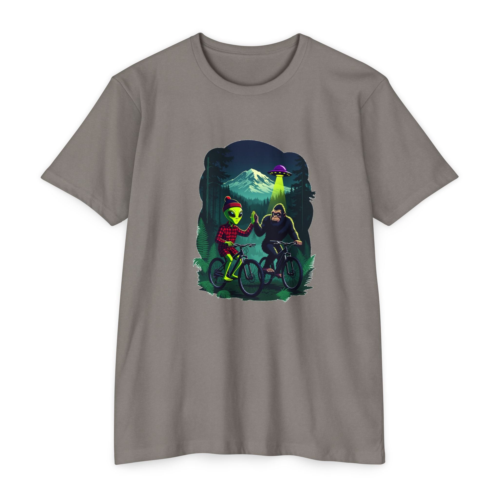Alien & Sasquatch Night Ride T-Shirt — Retro UFO Biking Graphic Tee
