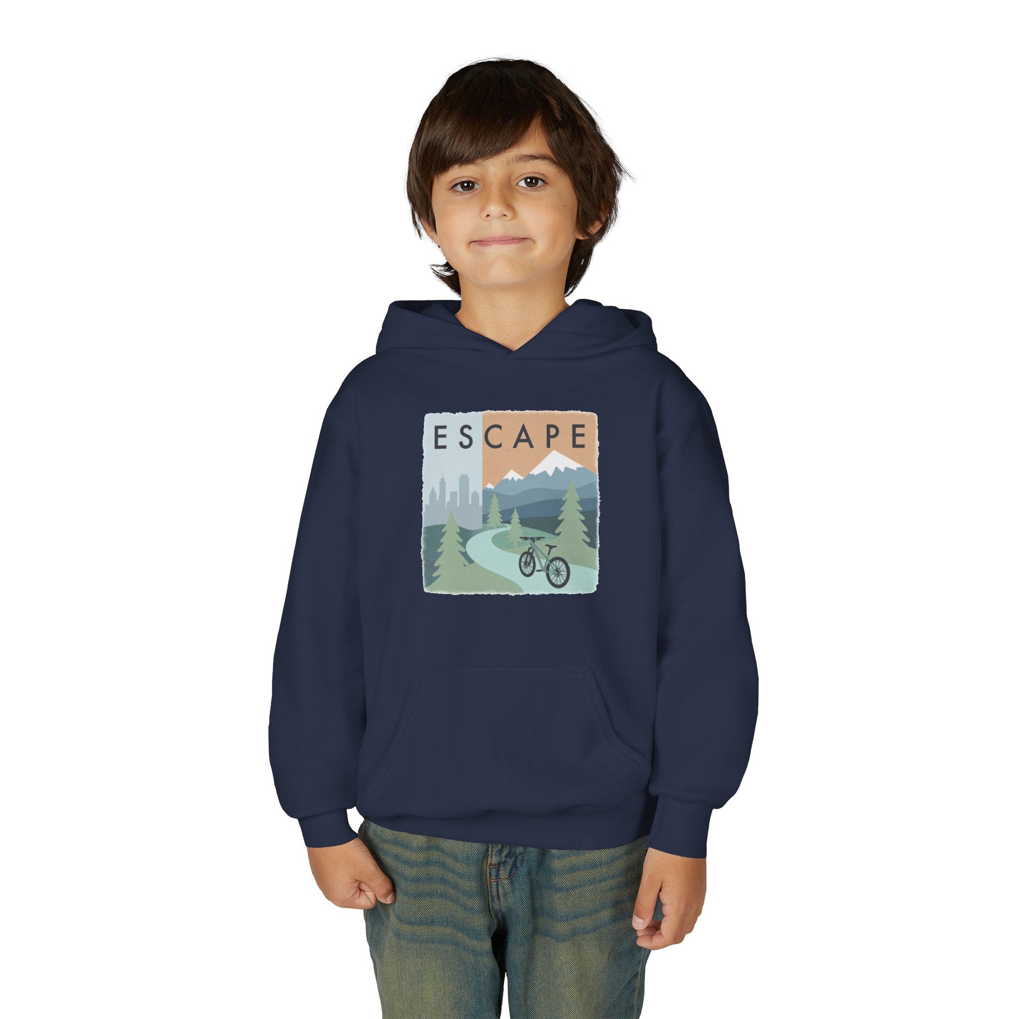 Escape to the Mountains Kids Hoodie — Mountain Retreat Graphic Sweatshirt
