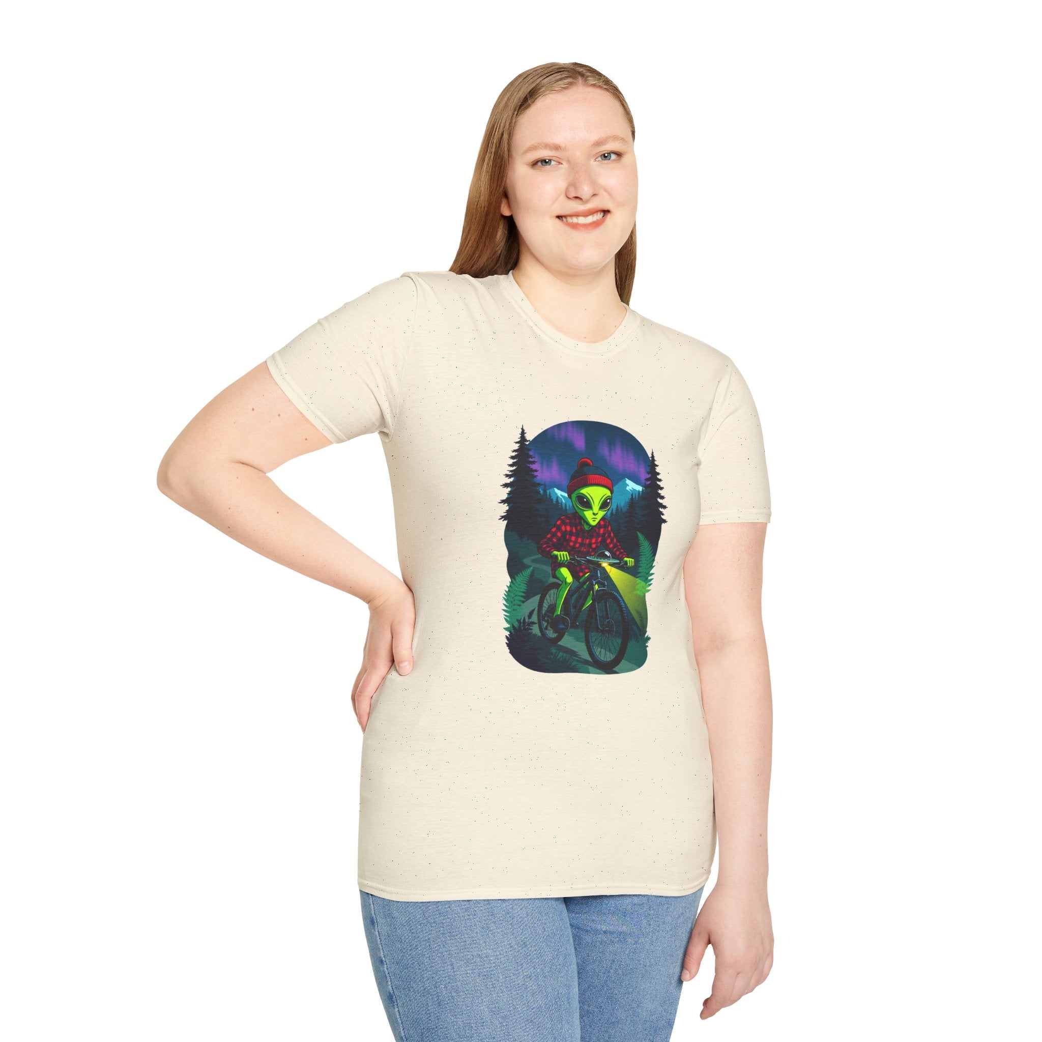 Alien Mountain Biker T-Shirt — Neon Night Forest Cycling Graphic Tee