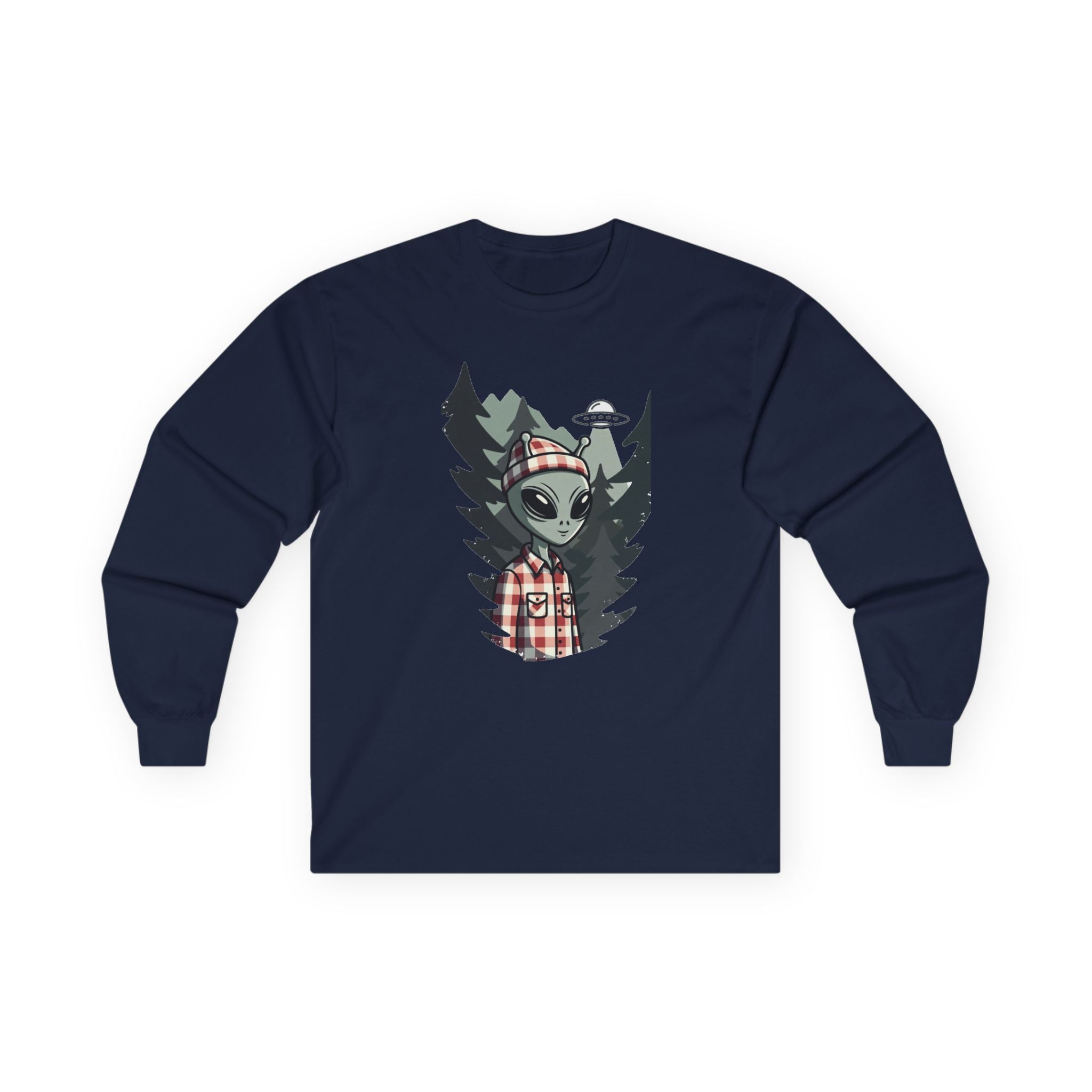 Alien Lumberjack Long Sleeve Tee — Forest UFO Graphic