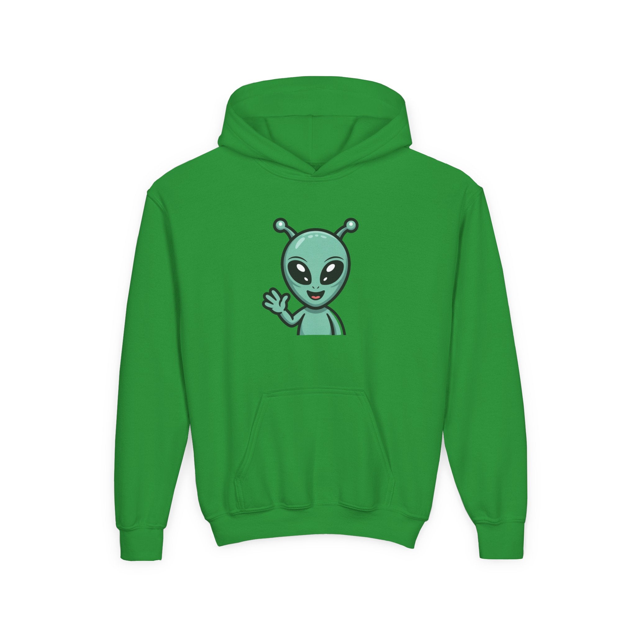 Youth Alien Hoodie – Cute Waving Green Alien Kids Sweatshirt
