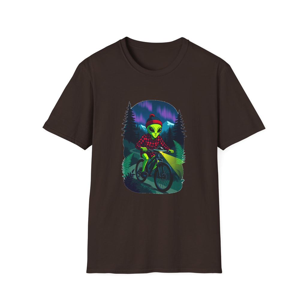 Alien Mountain Biker T-Shirt — Neon Night Forest Cycling Graphic Tee