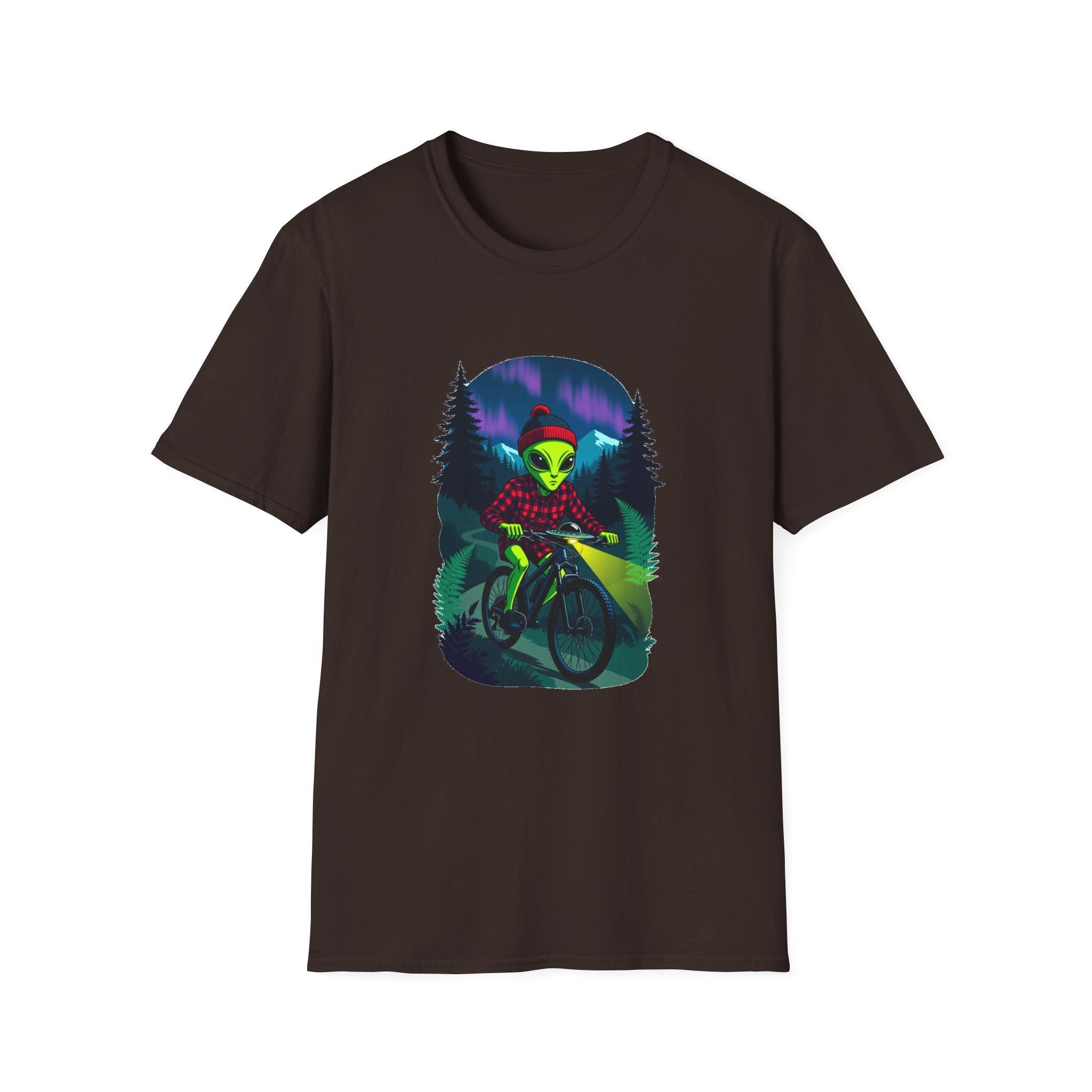 Alien Mountain Biker T-Shirt — Neon Night Forest Cycling Graphic Tee