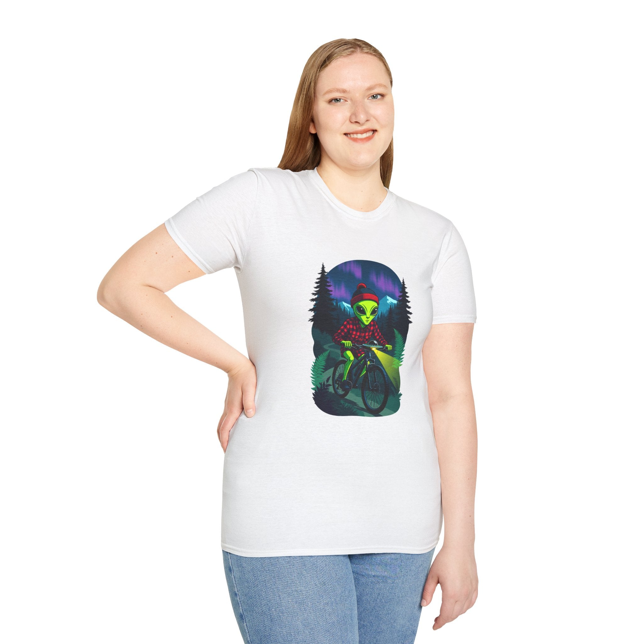 Alien Mountain Biker T-Shirt — Neon Night Forest Cycling Graphic Tee
