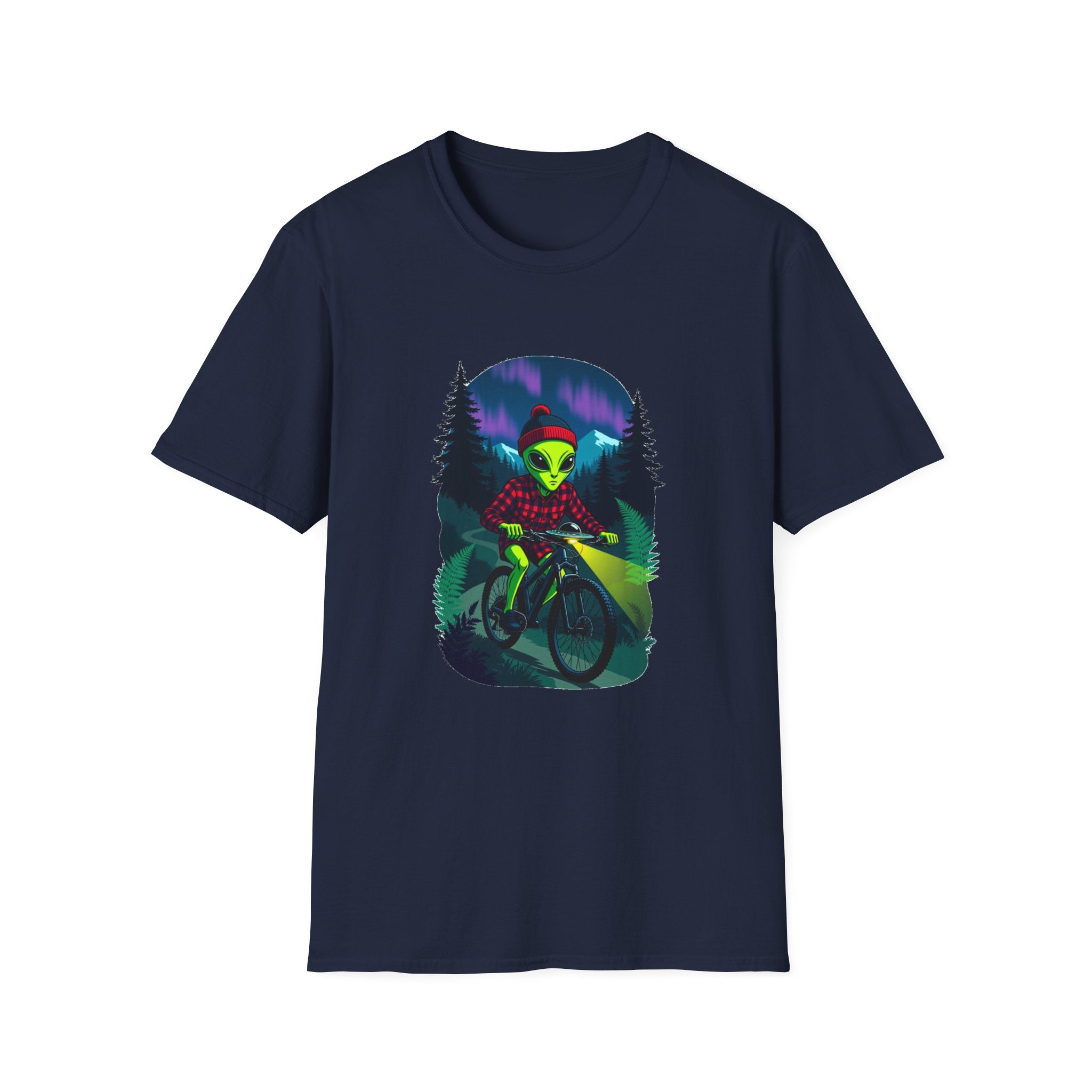 Alien Mountain Biker T-Shirt — Neon Night Forest Cycling Graphic Tee