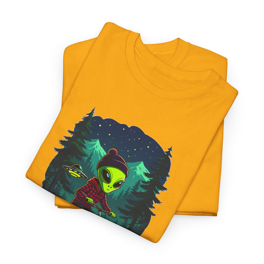 Alien Mountain Biking T-Shirt — Neon Forest Cyclist Graphic Tee