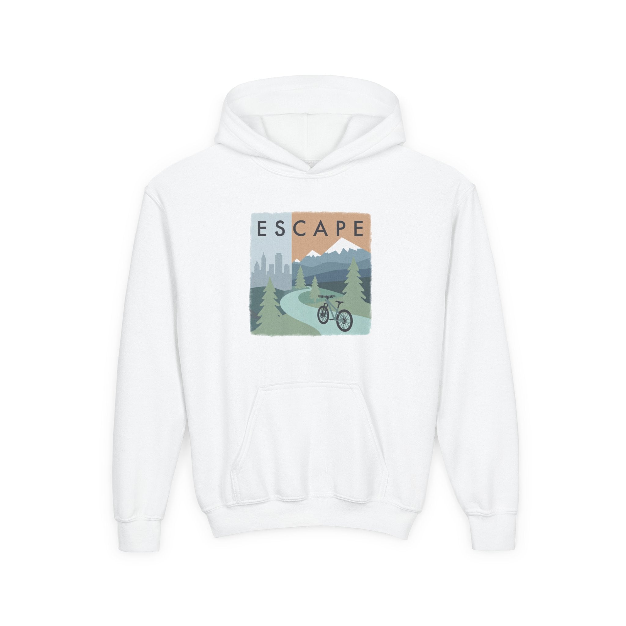 Escape to the Mountains Kids Hoodie — Mountain Retreat Graphic Sweatshirt