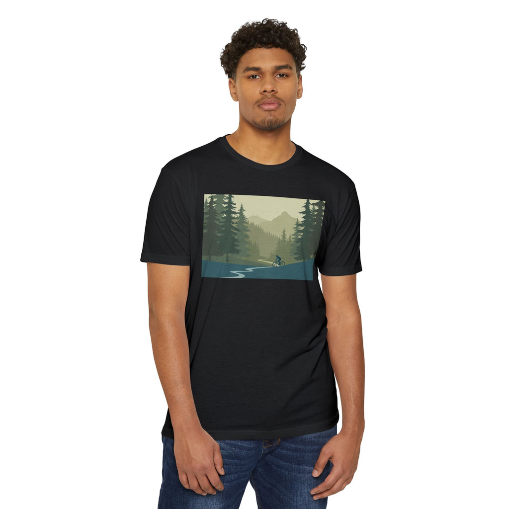 Mountain Biking Graphic T-Shirt — Scenic Forest Trail Design