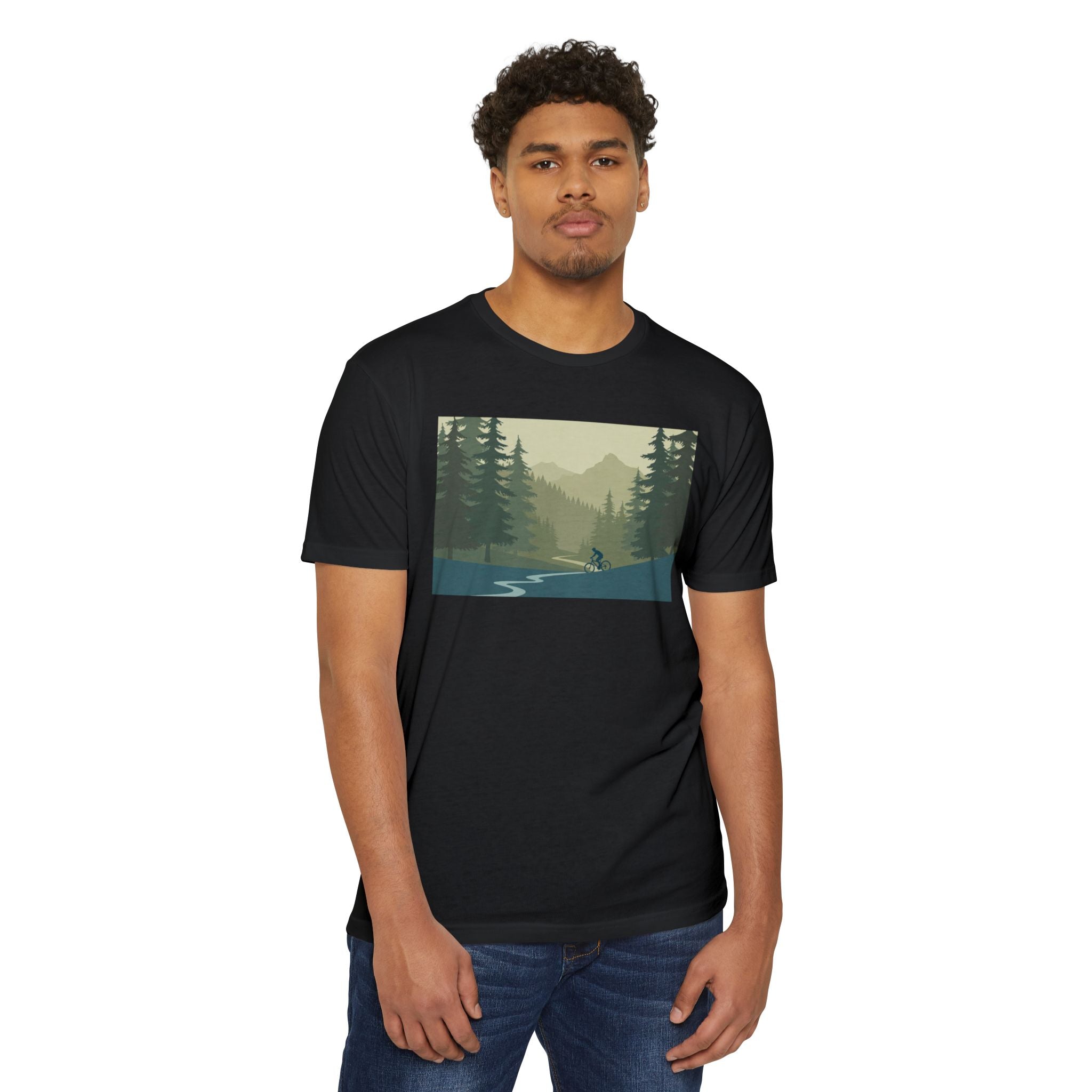 Mountain Biking Graphic T-Shirt — Scenic Forest Trail Design