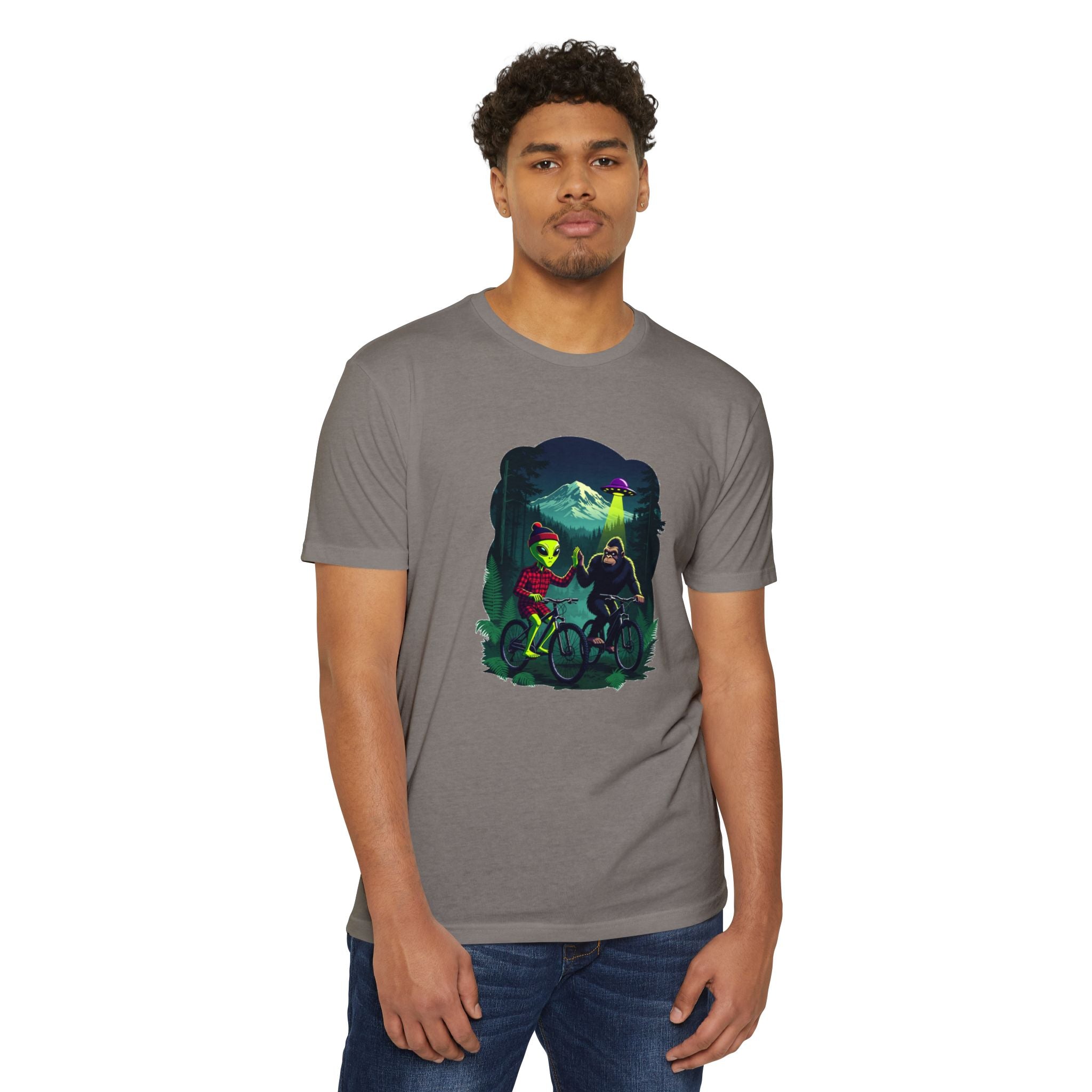 Alien & Sasquatch Night Ride T-Shirt — Retro UFO Biking Graphic Tee