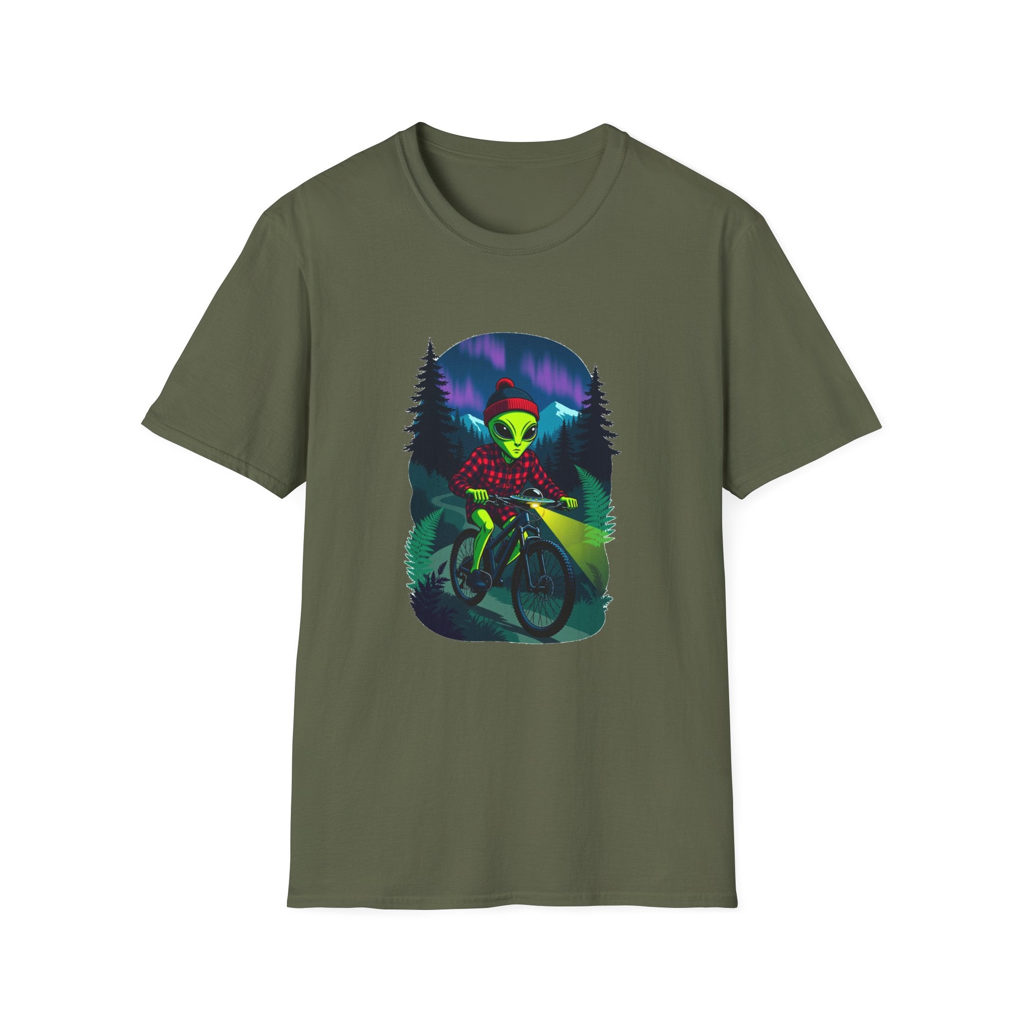 Alien Mountain Biker T-Shirt — Neon Night Forest Cycling Graphic Tee