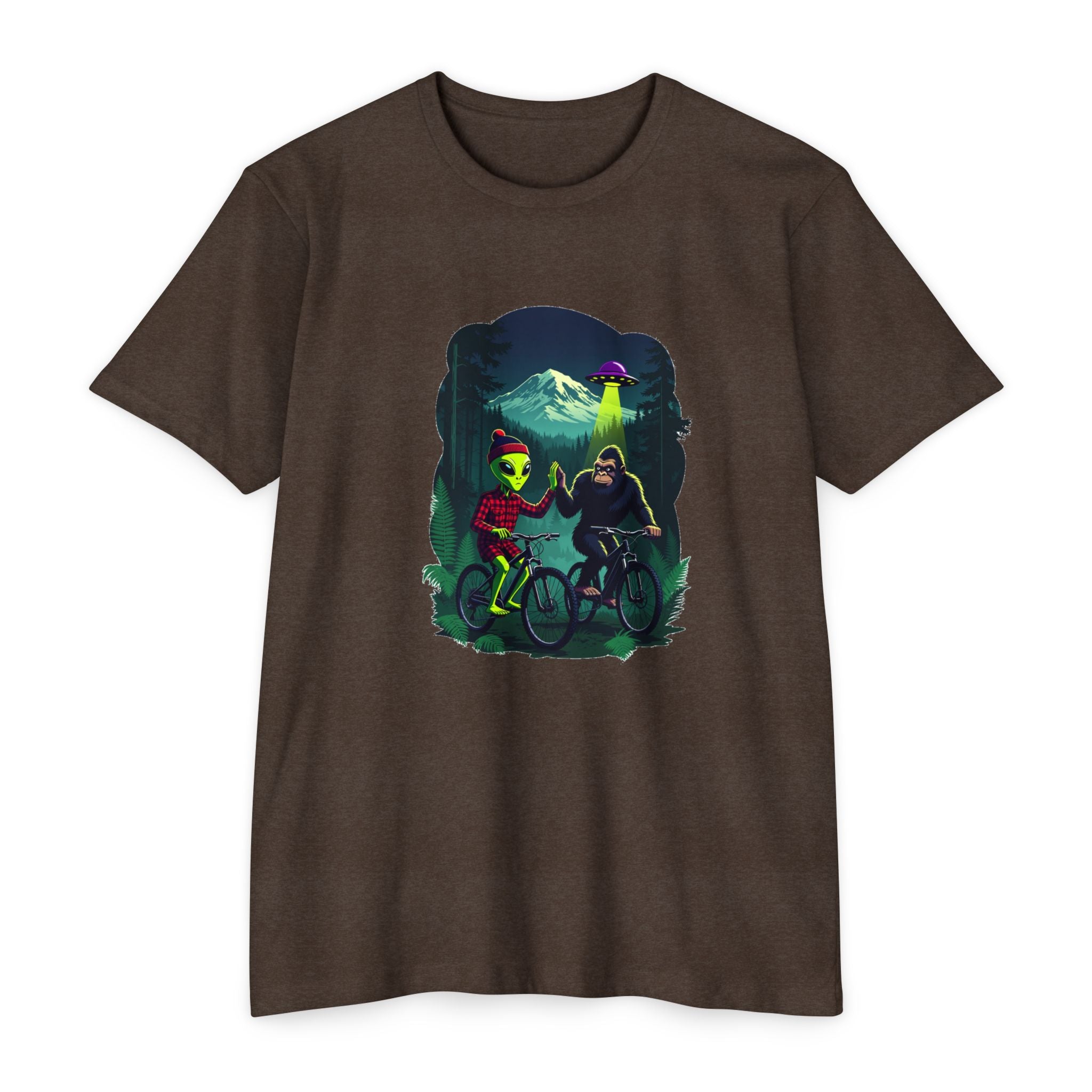 Alien & Sasquatch Night Ride T-Shirt — Retro UFO Biking Graphic Tee