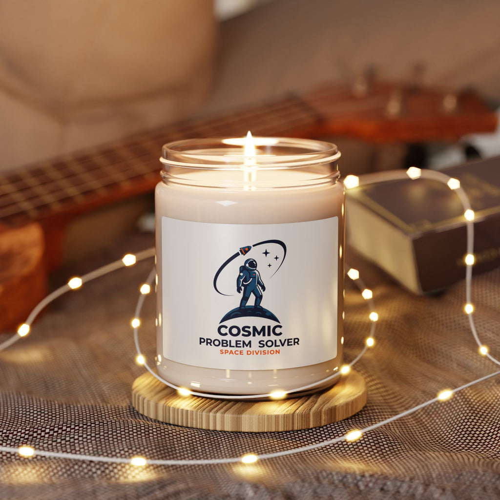 Cosmic Problem Solver Soy Candle, space mission patch, science nerd