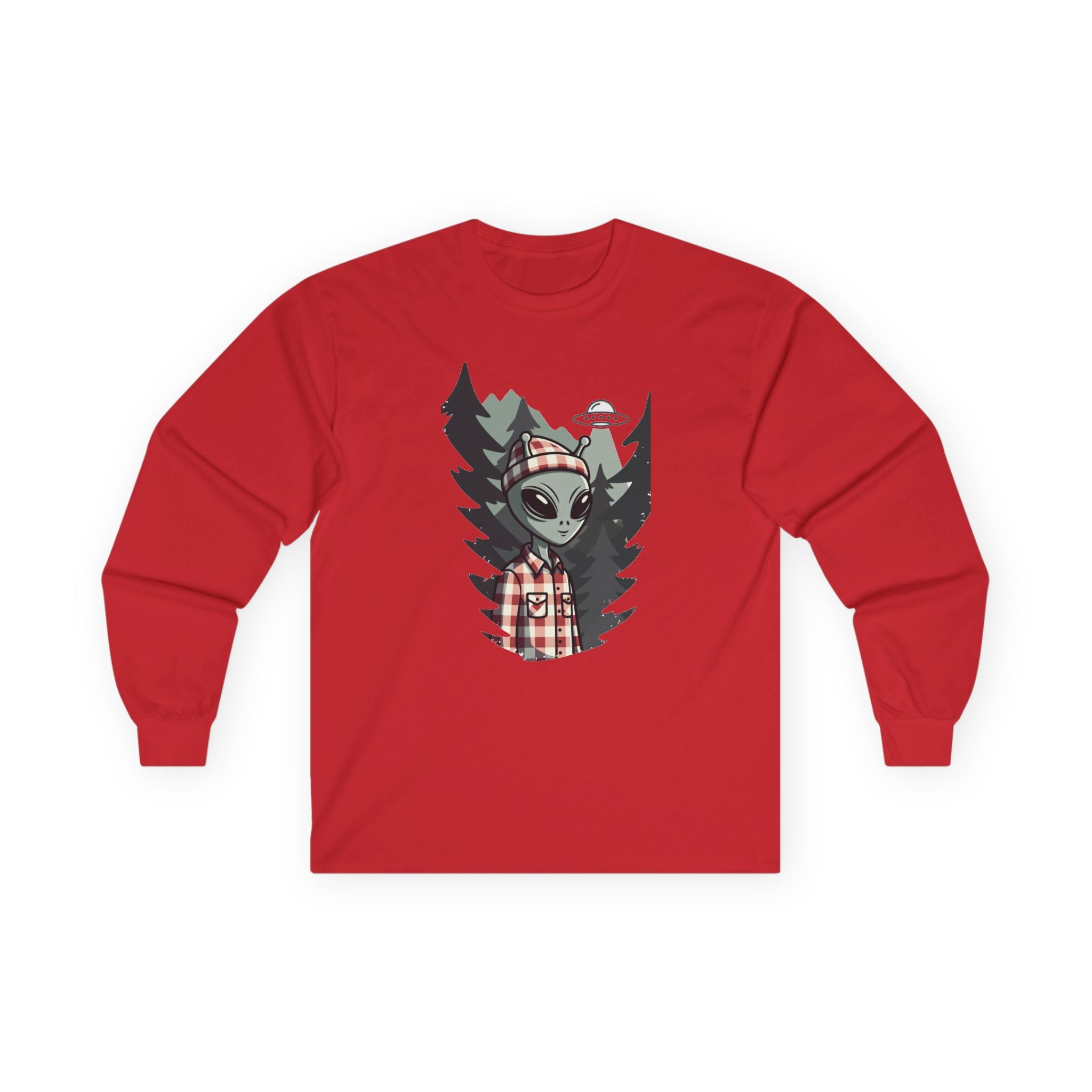 Alien Lumberjack Long Sleeve Tee — Forest UFO Graphic