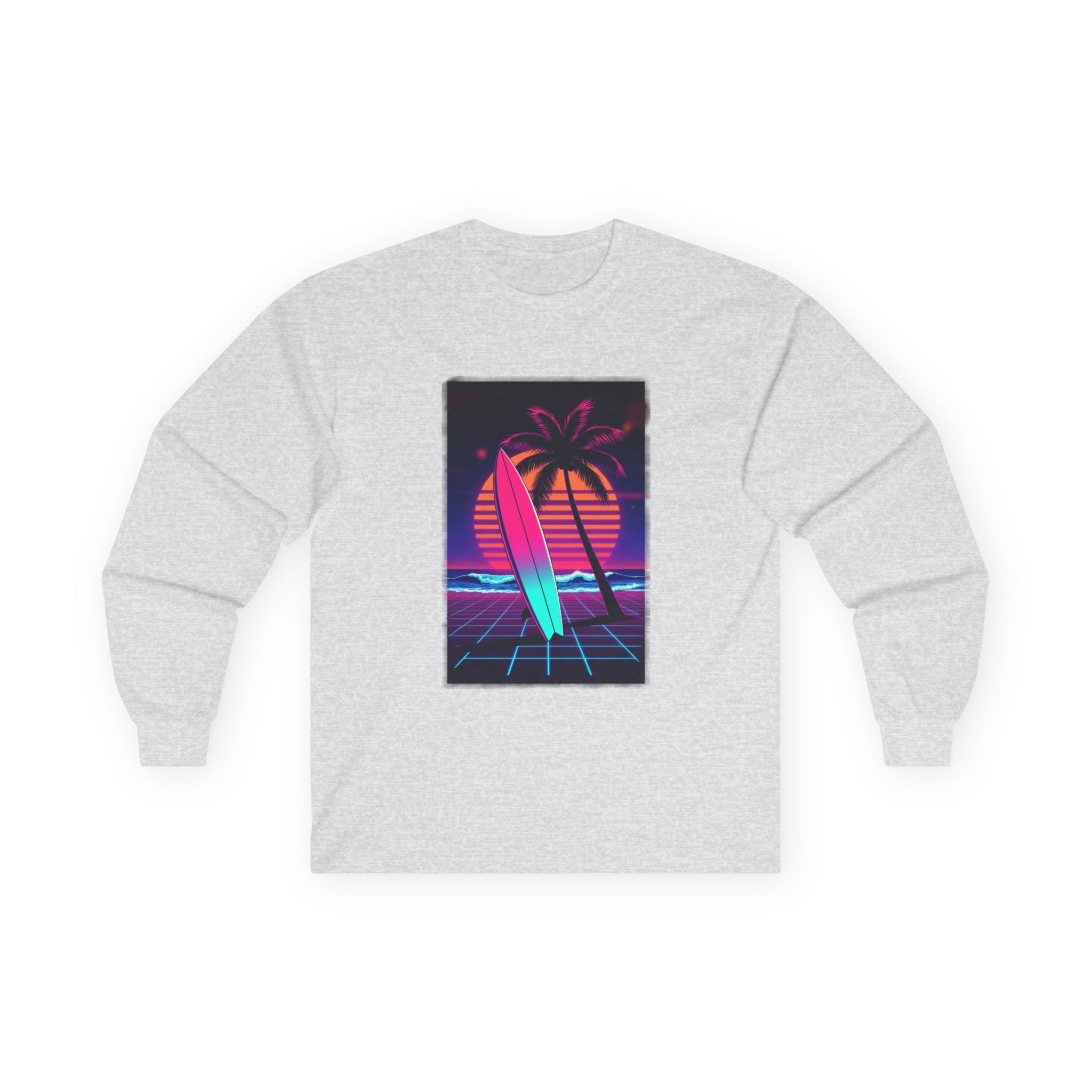Retro Surf Long Sleeve Tee – Neon Palm Sunset Surfboard Graphic