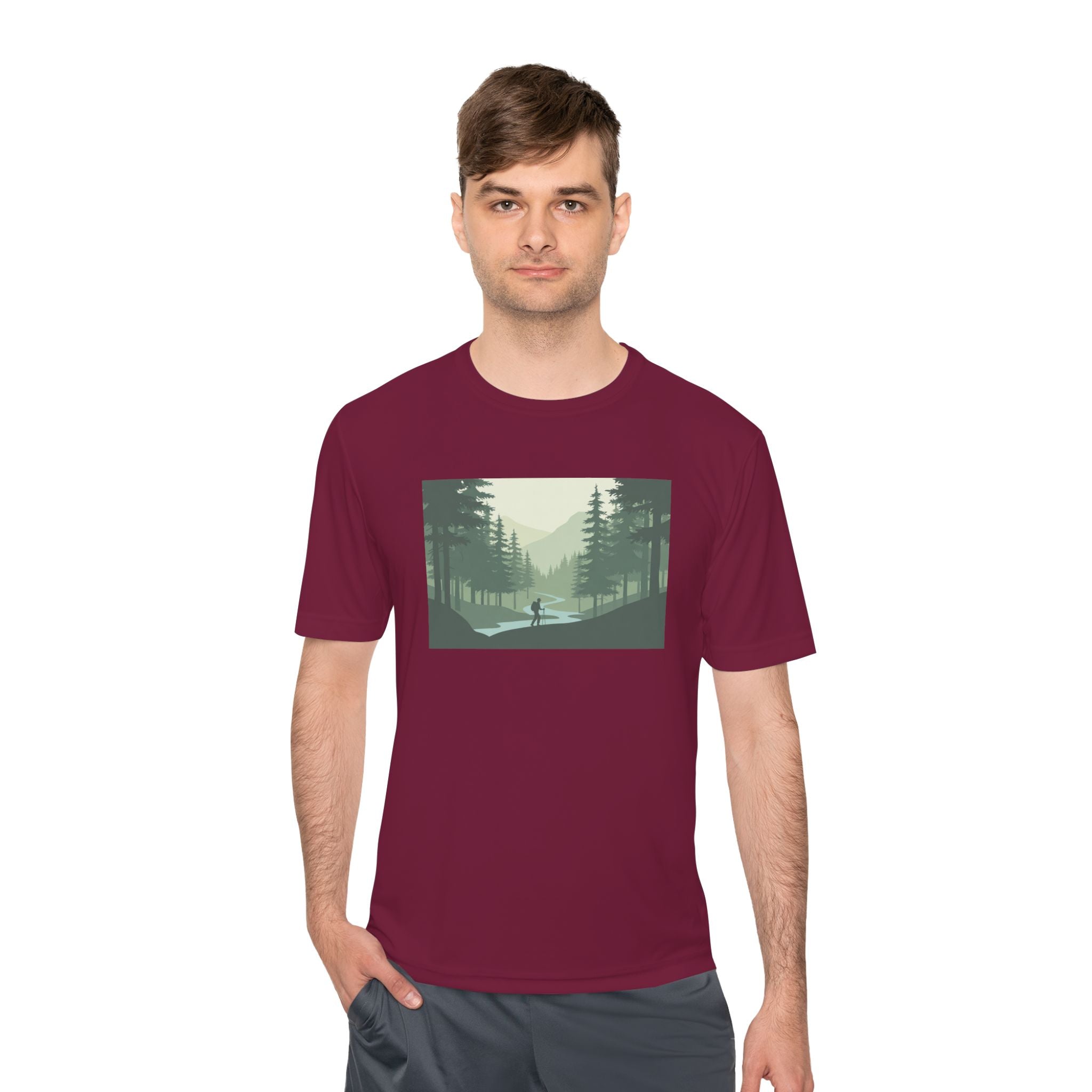 Forest Lake Camping Tee — Minimal Mountain Landscape T-Shirt for Outdoor Lovers