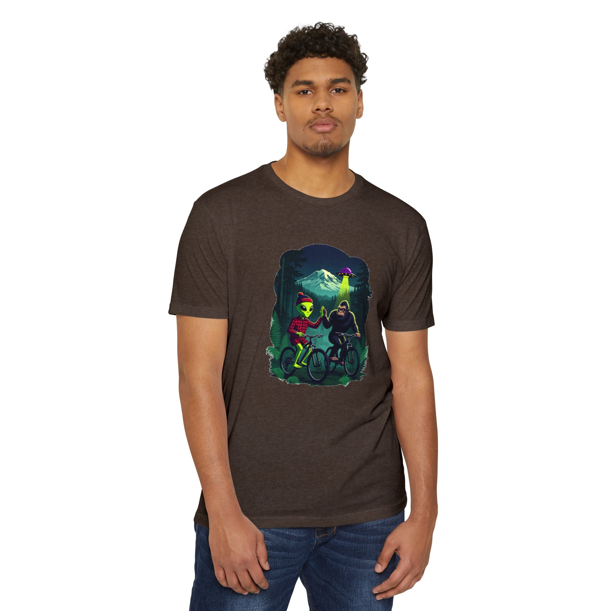Alien & Sasquatch Night Ride T-Shirt — Retro UFO Biking Graphic Tee