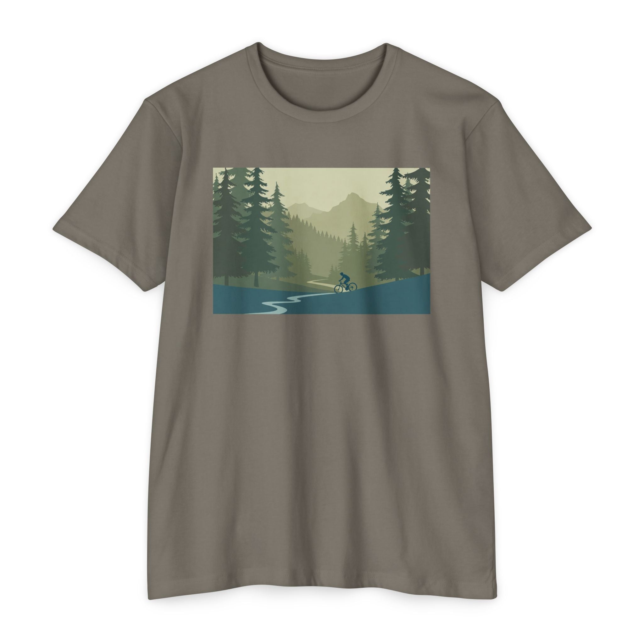 Mountain Biking Graphic T-Shirt — Scenic Forest Trail Design