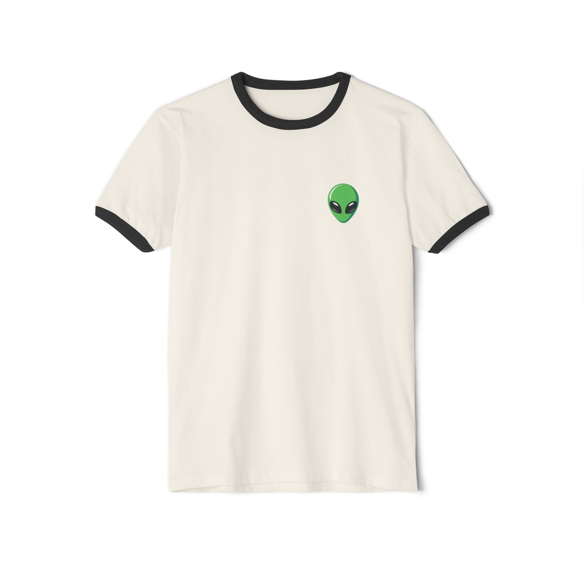 Alien Head Ringer Tee — Retro Green UFO Graphic T-Shirt