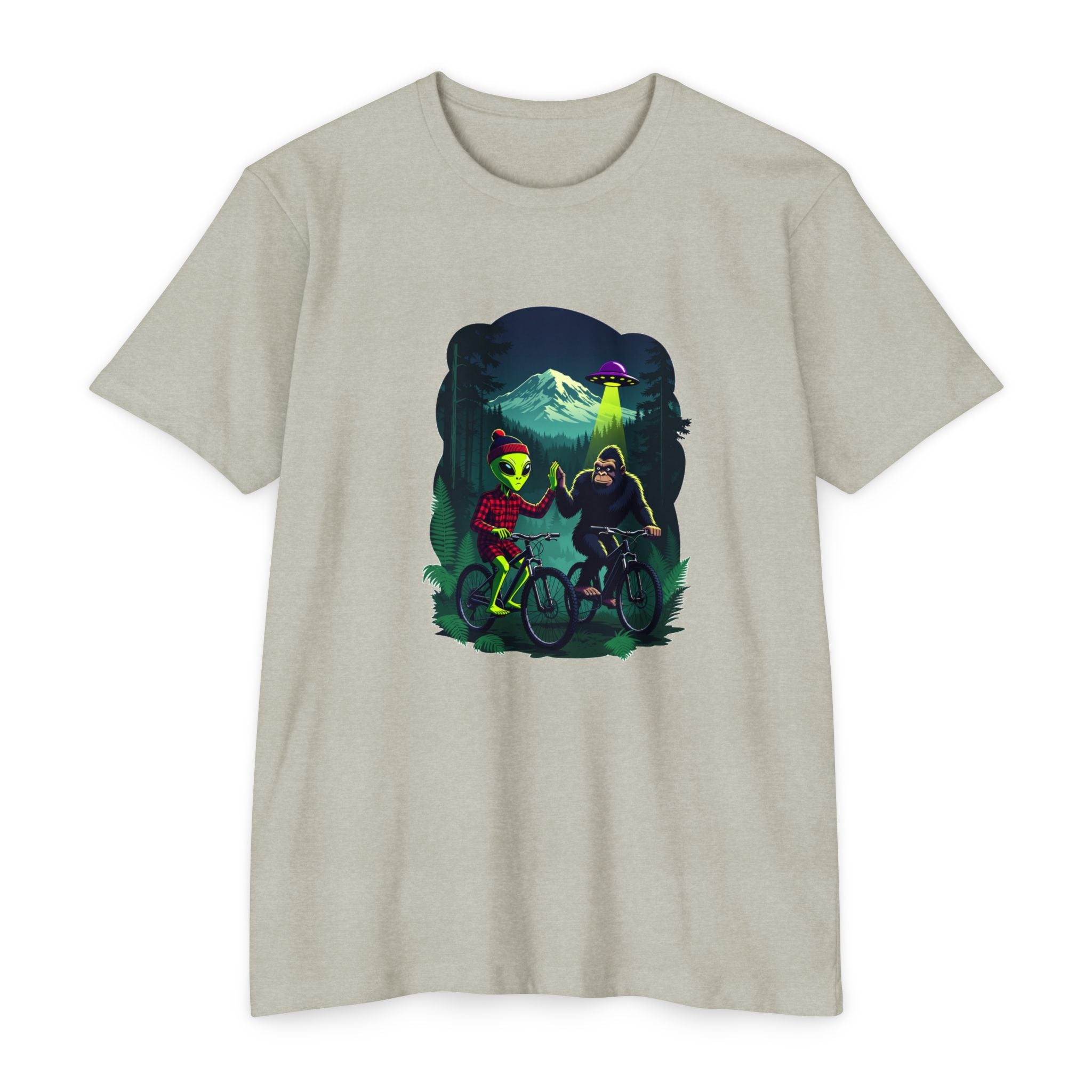 Alien & Sasquatch Night Ride T-Shirt — Retro UFO Biking Graphic Tee