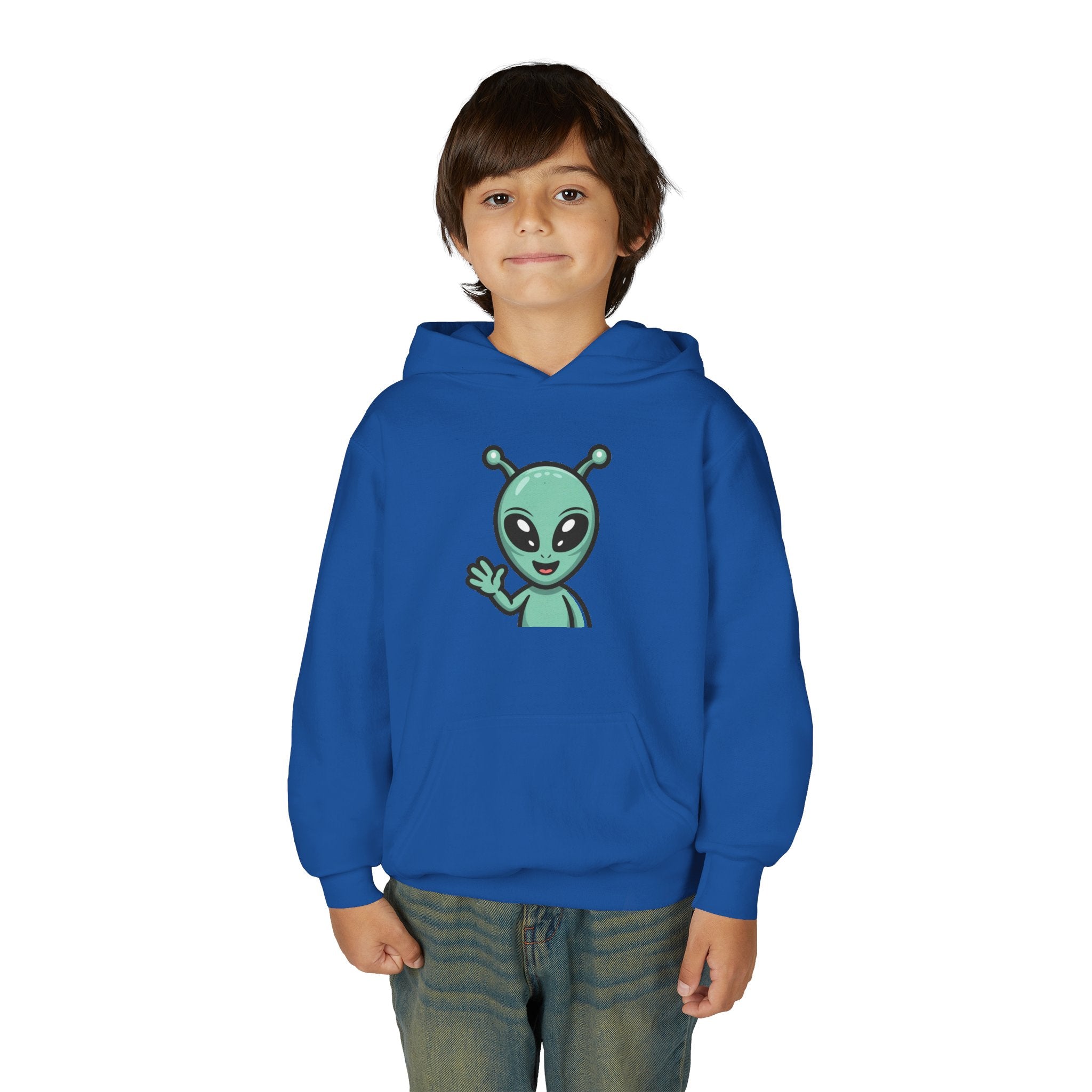 Youth Alien Hoodie – Cute Waving Green Alien Kids Sweatshirt