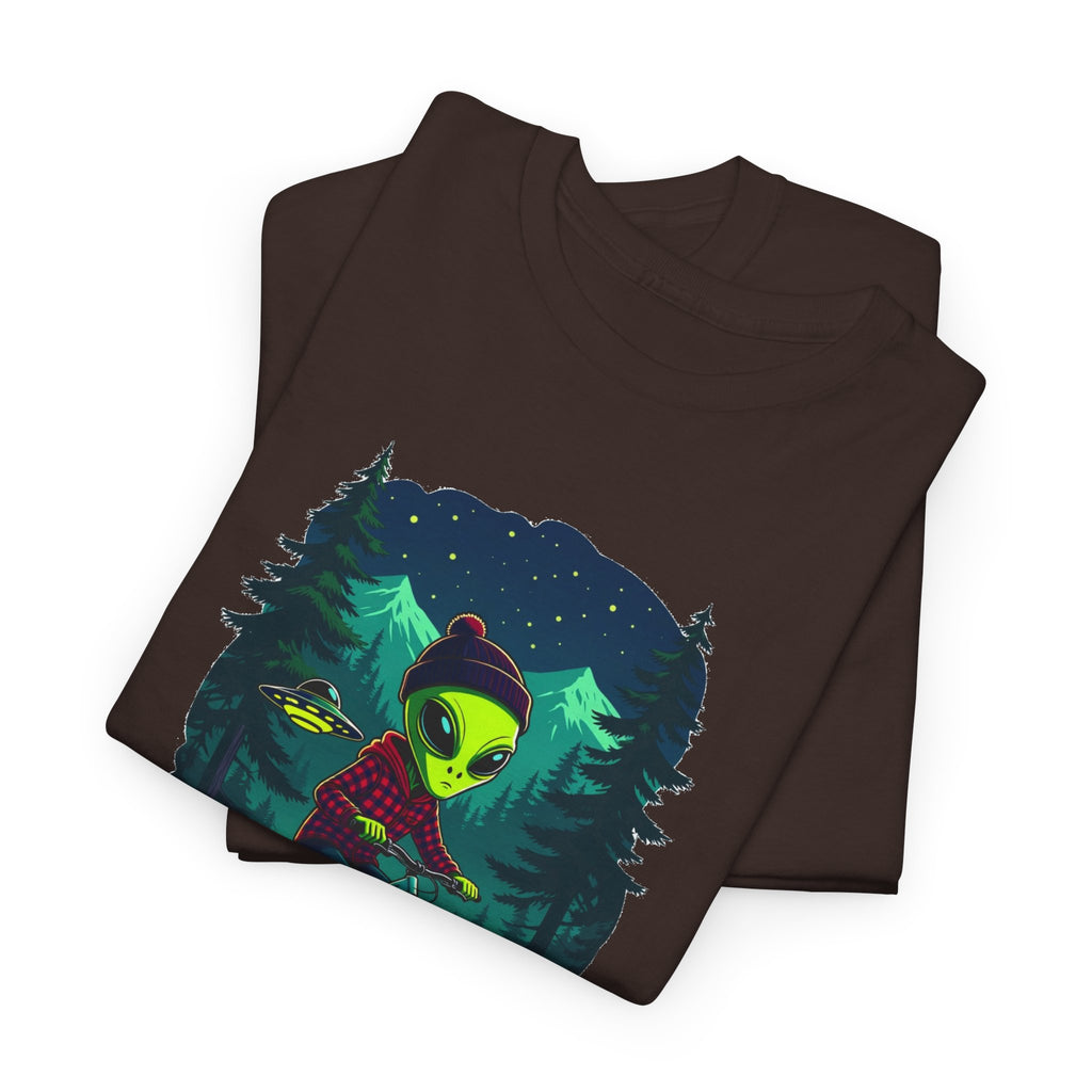 Alien Mountain Biking T-Shirt — Neon Forest Cyclist Graphic Tee