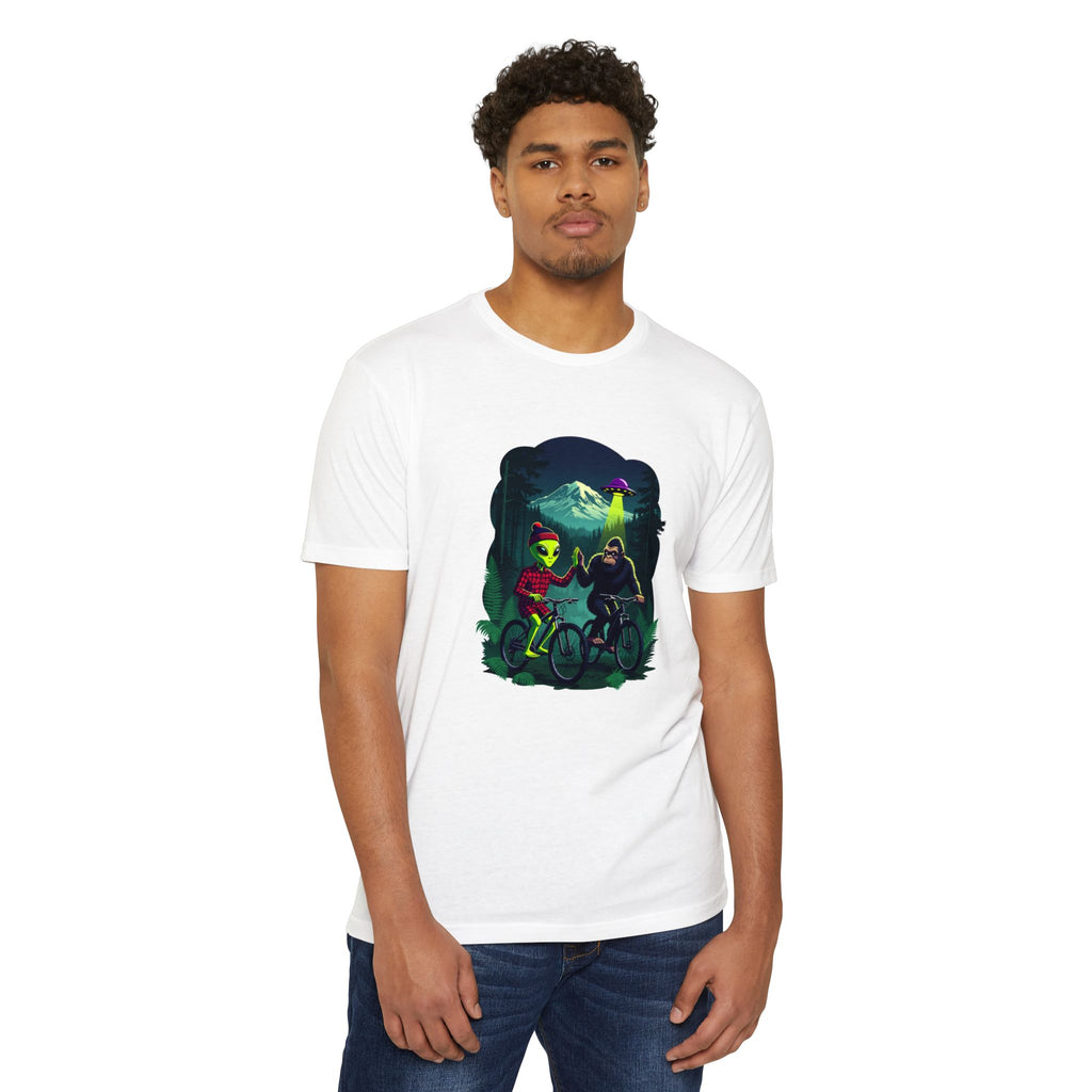 Alien & Sasquatch Night Ride T-Shirt — Retro UFO Biking Graphic Tee