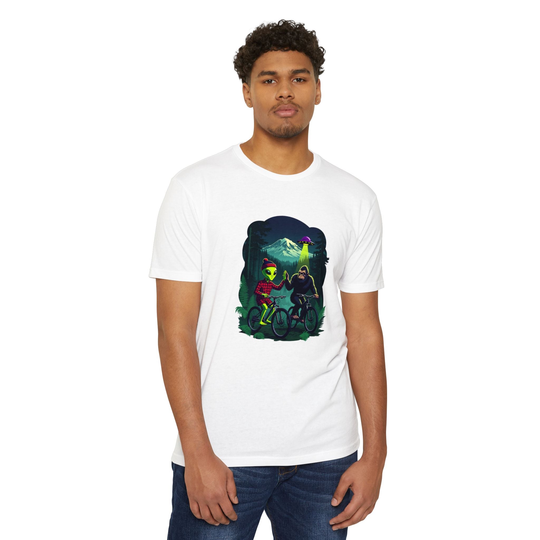 Alien & Sasquatch Night Ride T-Shirt — Retro UFO Biking Graphic Tee